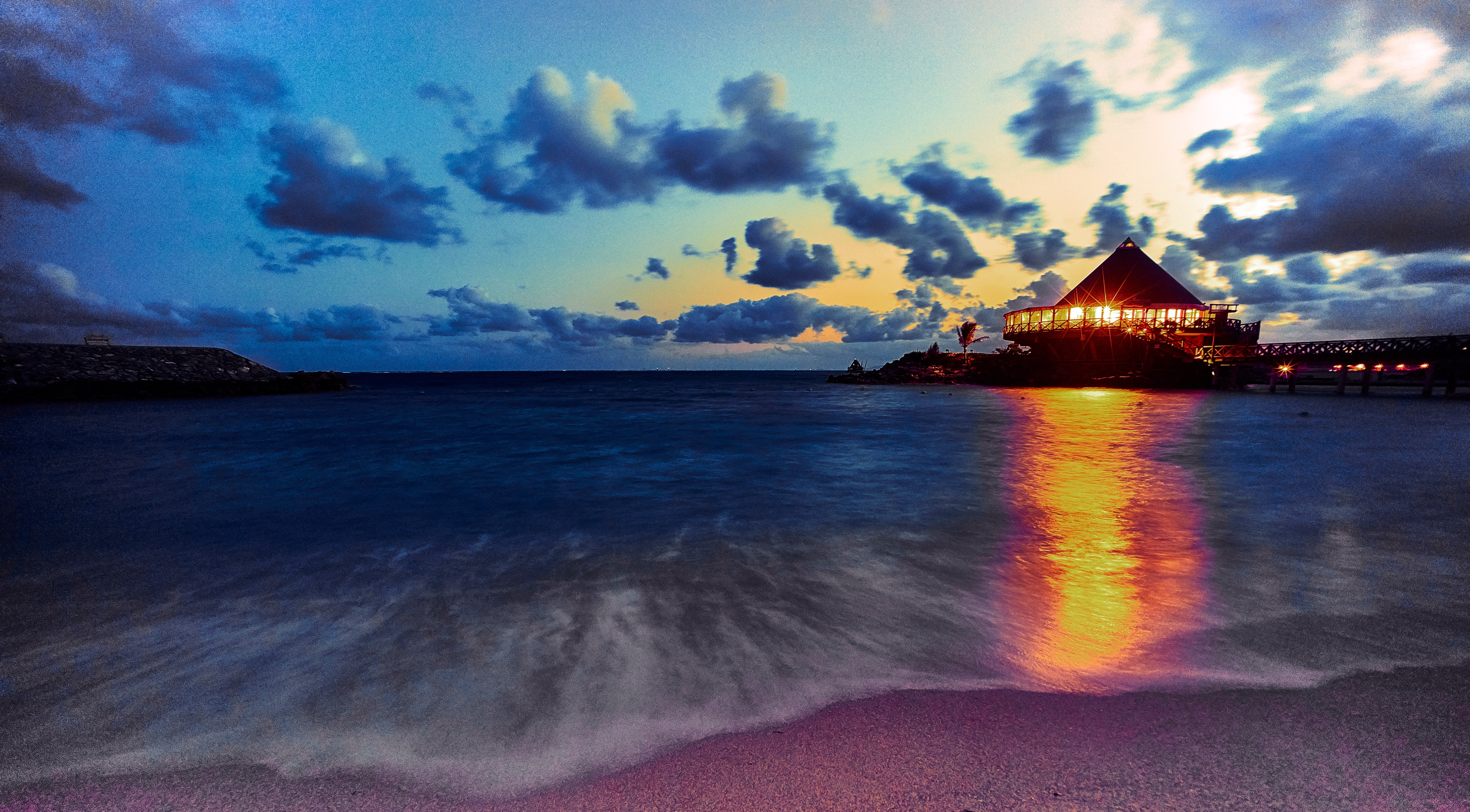 sea shore, blue sky, night, Blue hour, waves, beside, Sunrise, shore, Renaissance, vacations, 5K, Onna, house, rays, blue, Okinawa, son, Japan, travel, HD Wallpaper