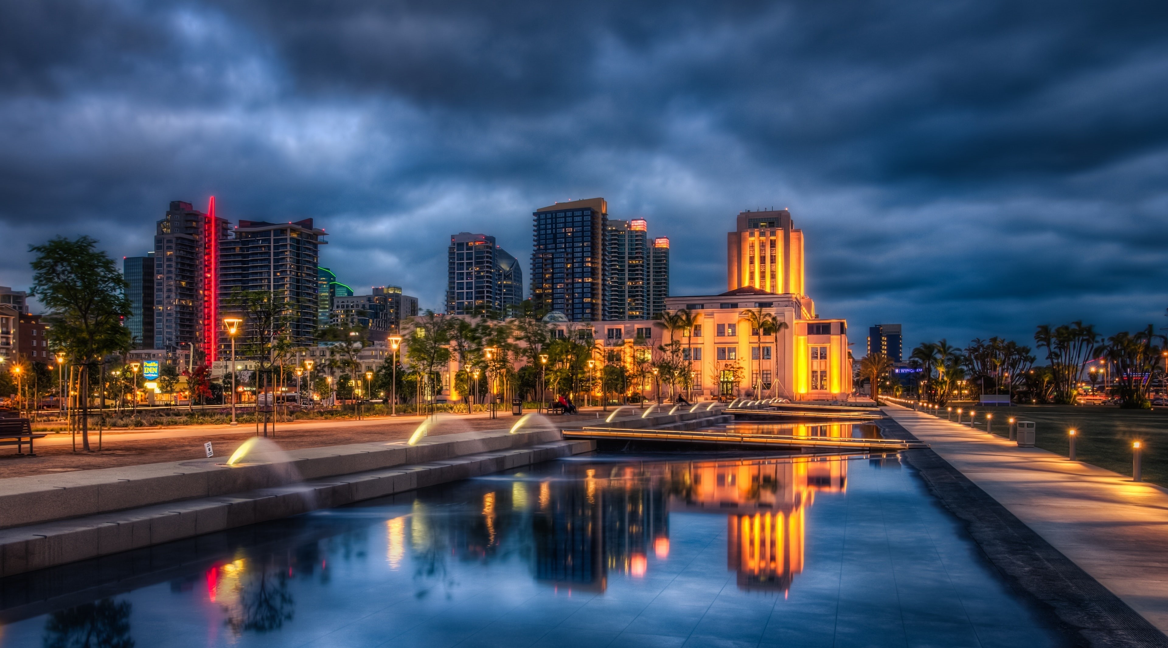 Clouds, Dark, diego, Park, illuminated, dusk, Waterfront, urban skyline, night, motion, modern, skyscraper, City, built structure, light trail, United States, HD Wallpaper