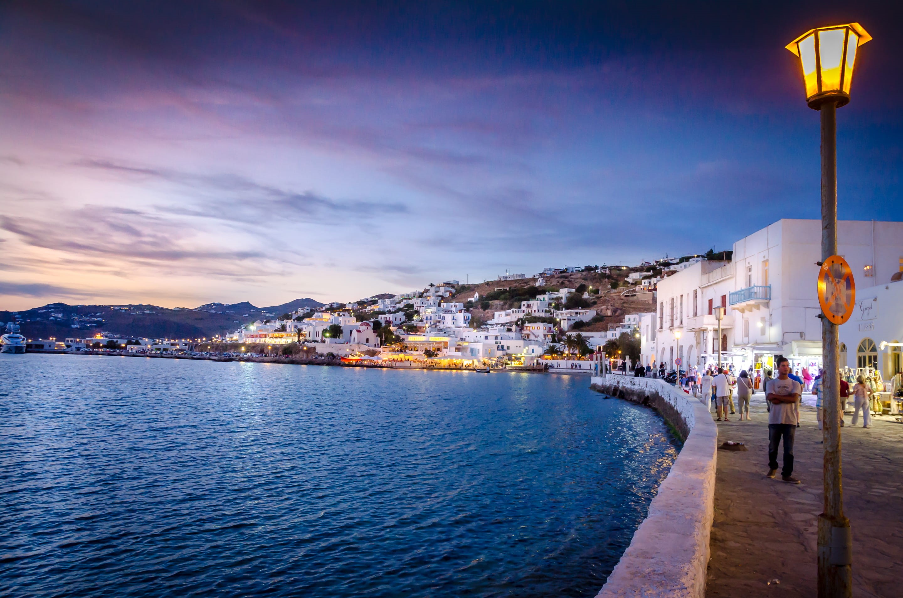 building, water, outdoors, greece, nature, lamp, building exterior, dusk, city, 2K, street, lighting equipment, group of people, incidental people, travel destinations, HD Wallpaper