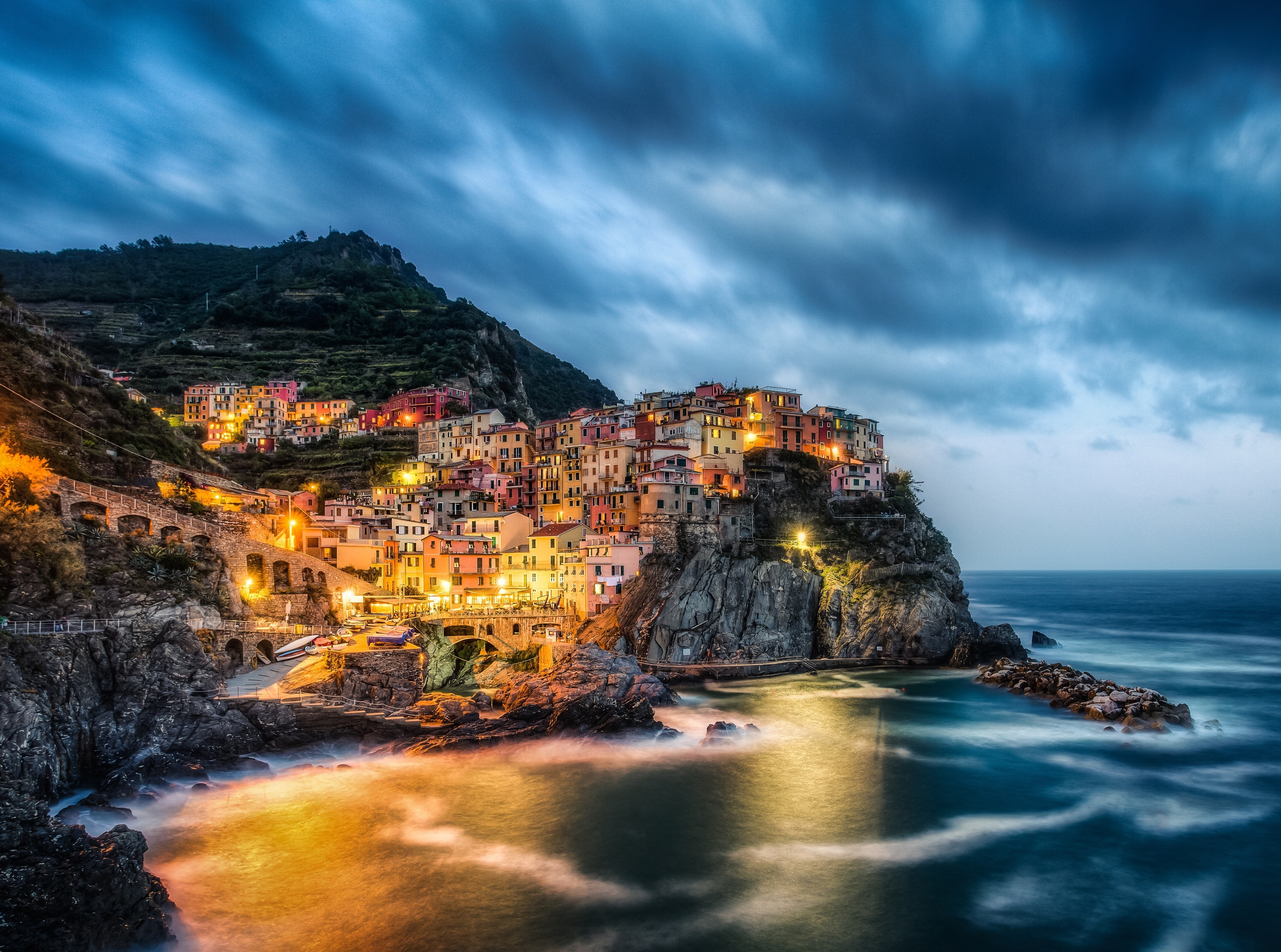 canon5dmarkiii, beauty in nature, water, architecture, cinque, 5dmark3, canon, building, Dusk, Night, Cliff, ligurian, Italy, scenics - nature, horizon over water, HD Wallpaper