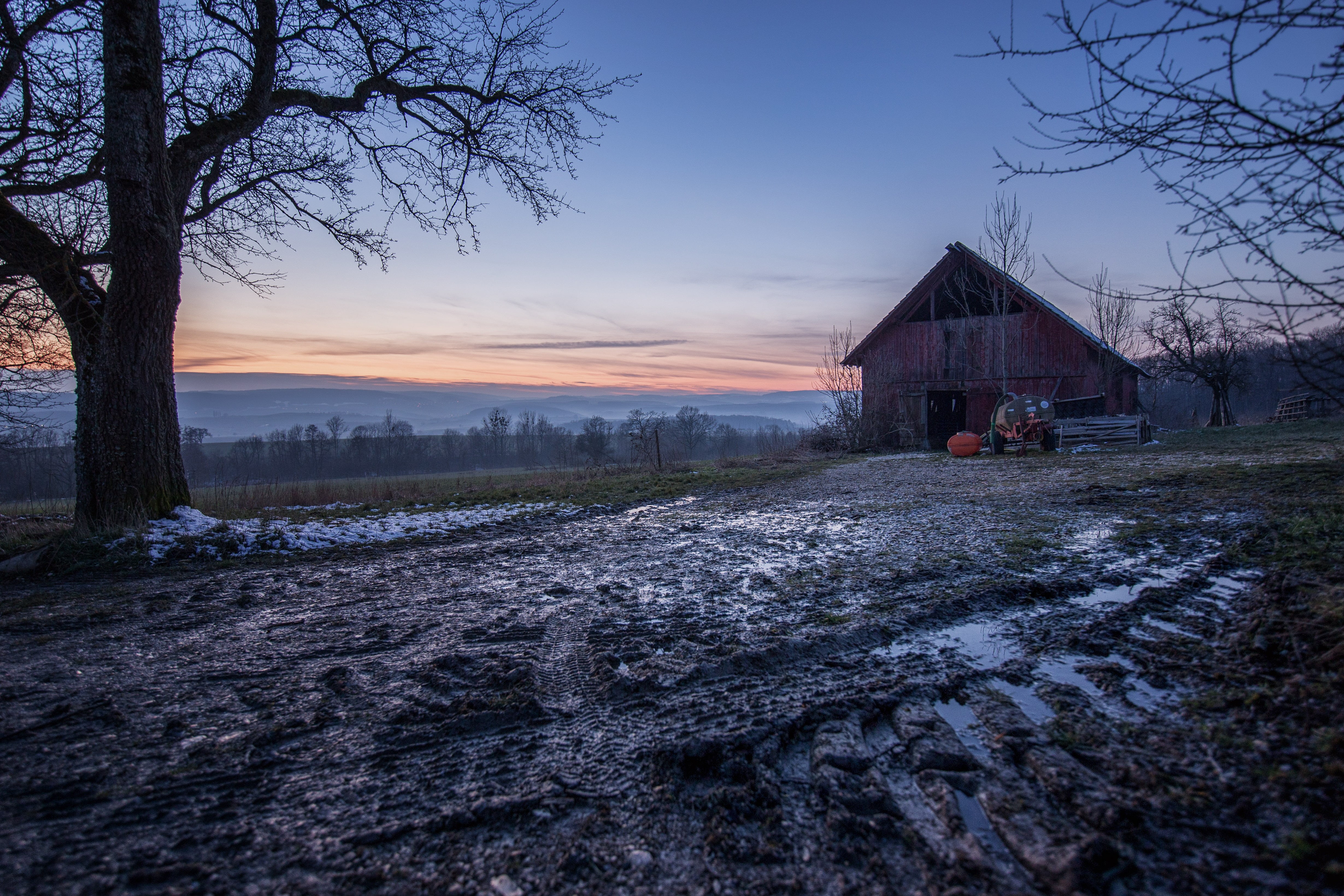 hour, sunset, house, forest, everybody goes, 4K, nature, badenwürttemberg, golden, landscape, tree, golden hour, photography, bluehour, wooden, rural Scene, HD Wallpaper