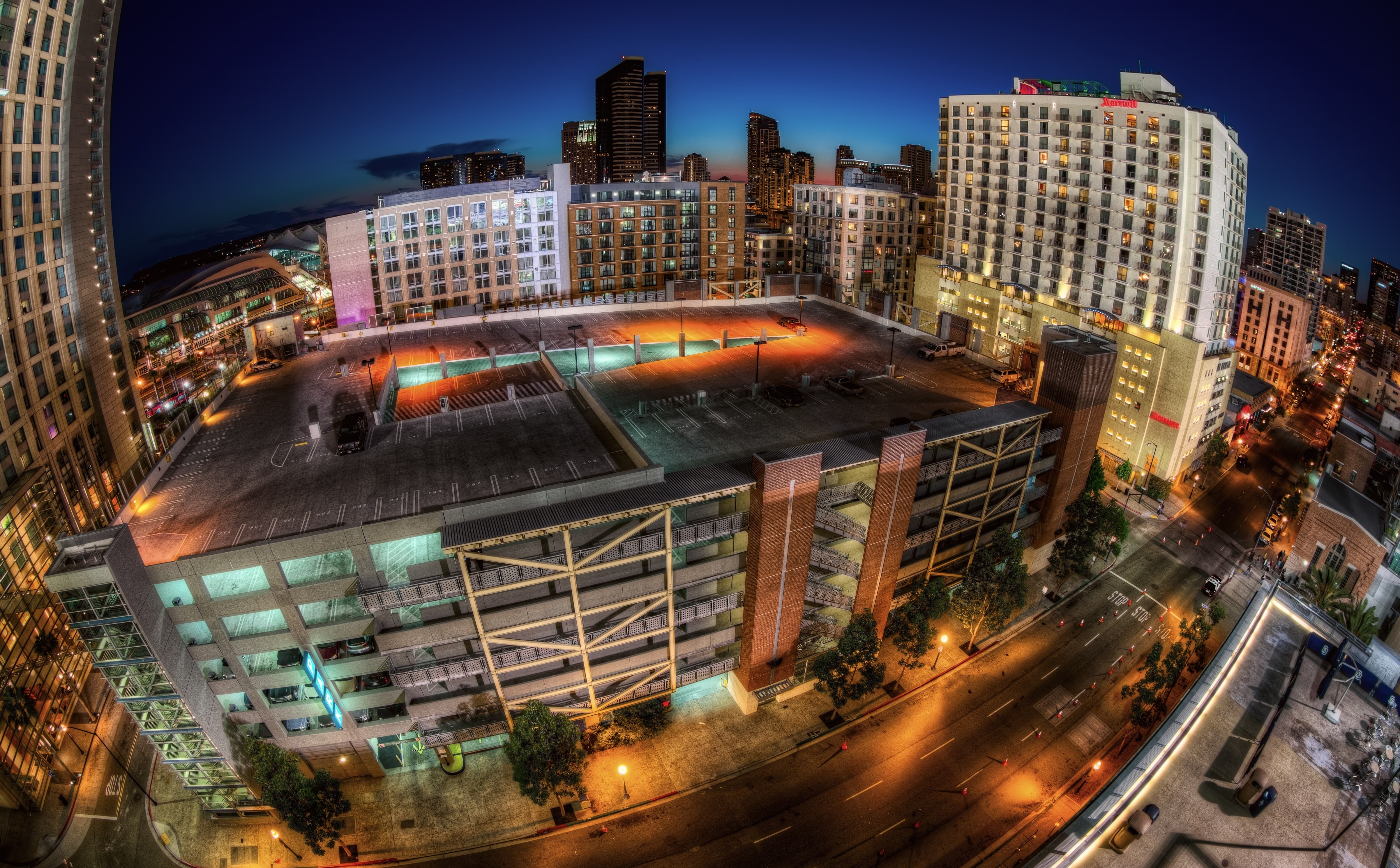 city, Hotel, petcopark, built structure, architecture, diego, omni, outdoors, night, transportation, Downtown, petco, California, hardrock, tall - high, HD Wallpaper