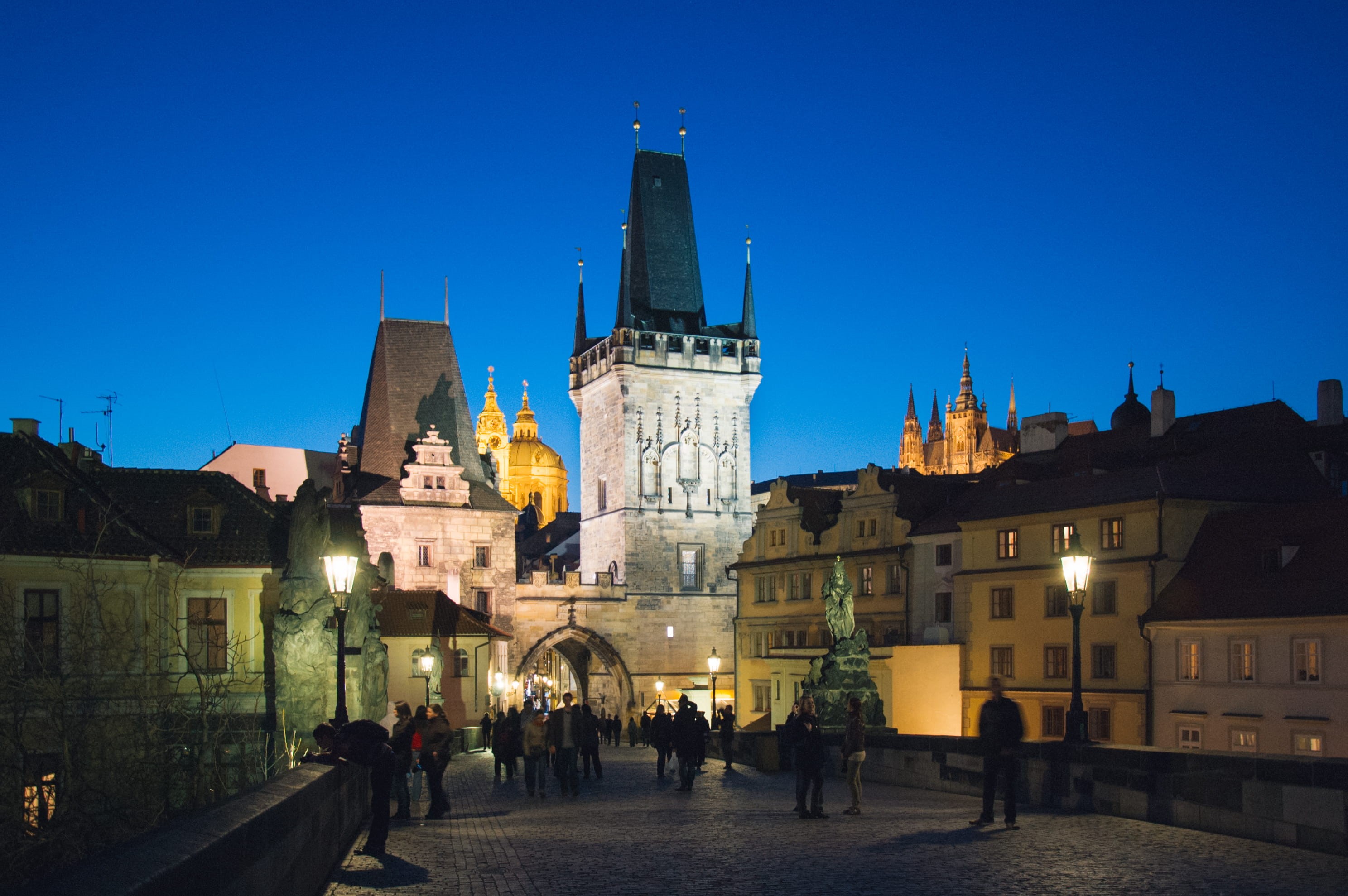 women, real people, travel destinations, large group of people, prague, bluehour, building exterior, tower, architecture, sky, czechia, clock, 2K, group of people, HD Wallpaper