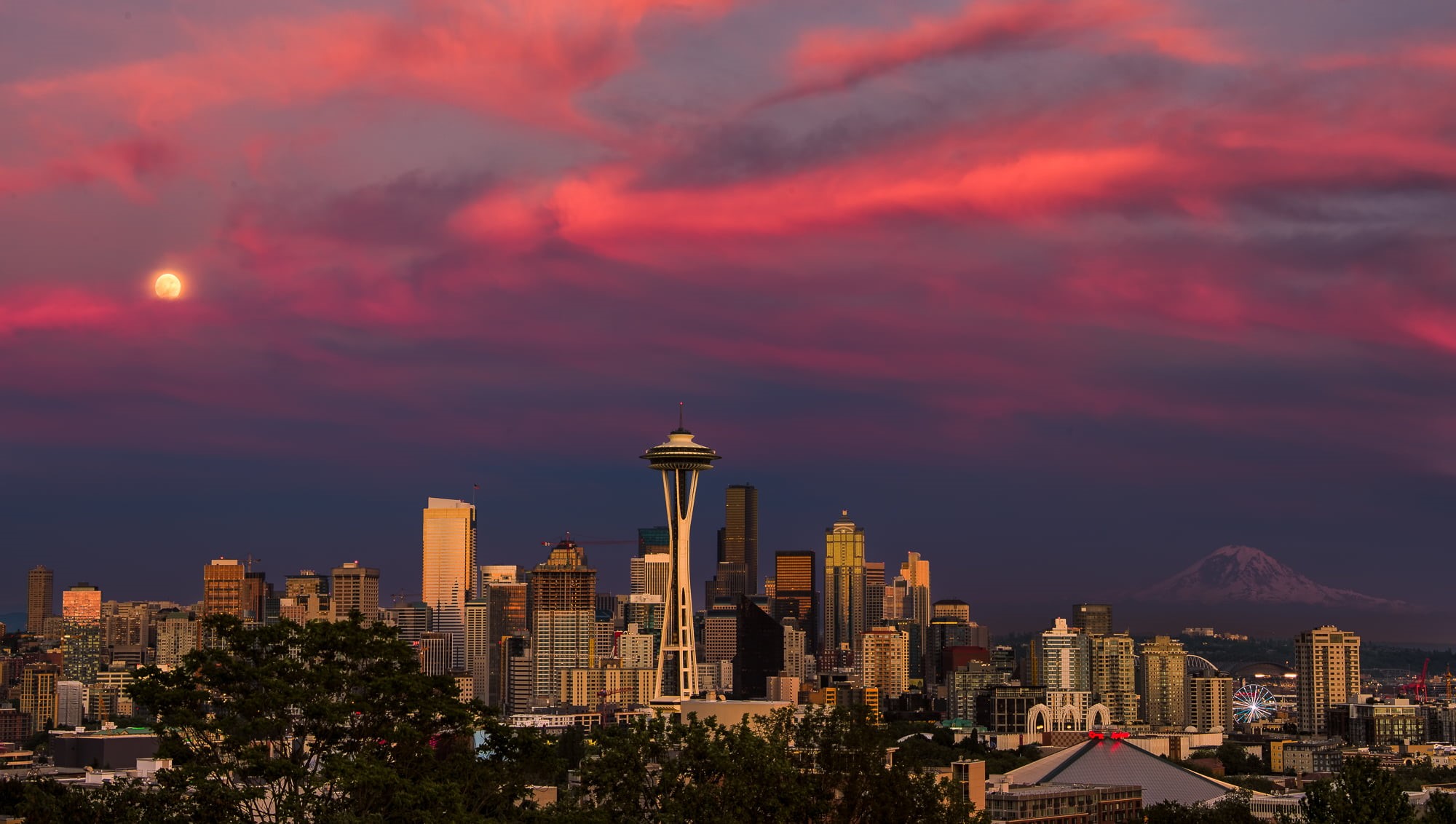 kerry park, great wheel, downtown, clouds, city, cityscape, architecture, space, skyline, night, Sunset, urban Scene, ferris wheel, seattle center, needle, HD Wallpaper