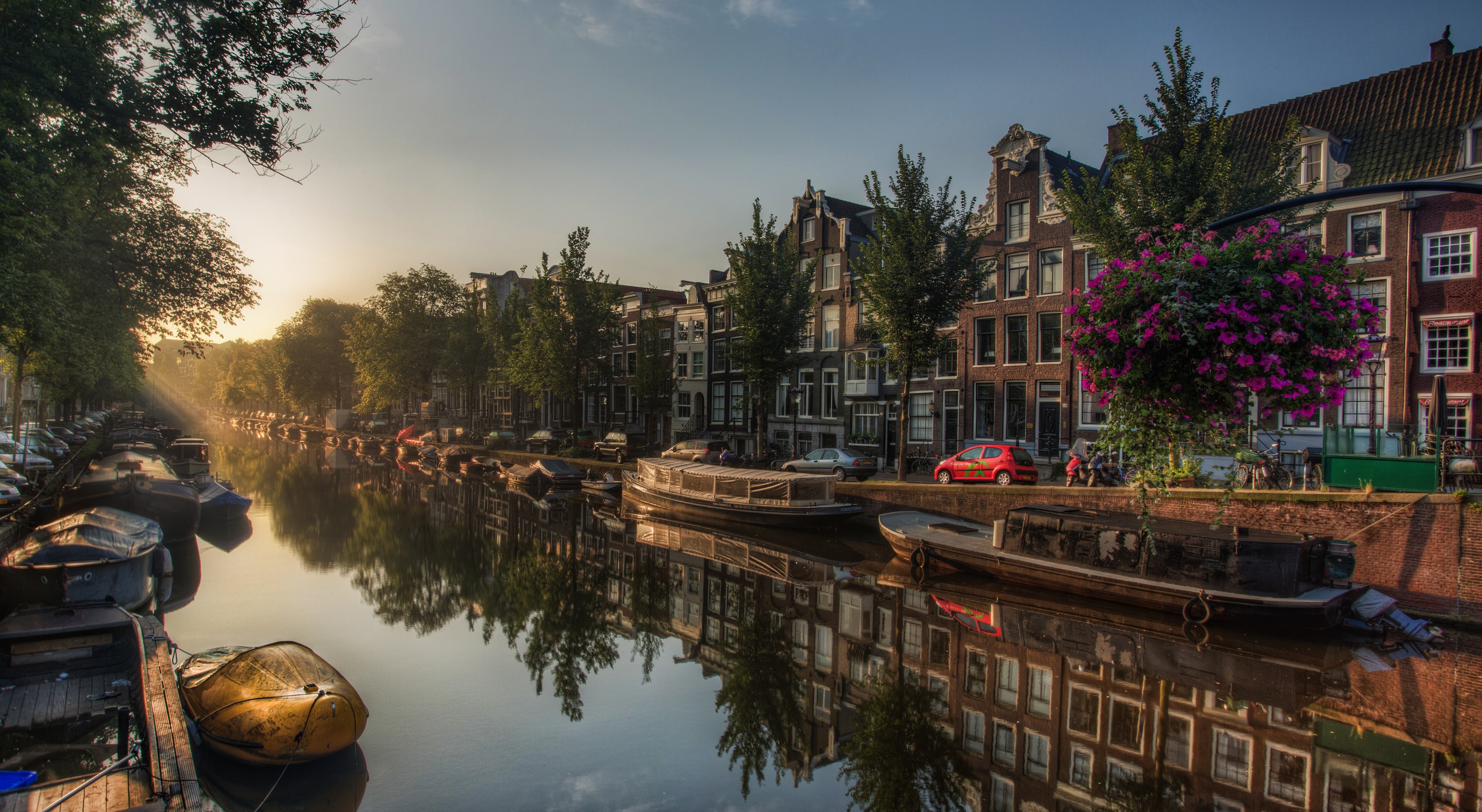 De Walletjes, 5K, channel, pano, ultra hd, boats, Amsterdam, Netherlands, hdr, street, multi monitors, Jordaan, HD Wallpaper