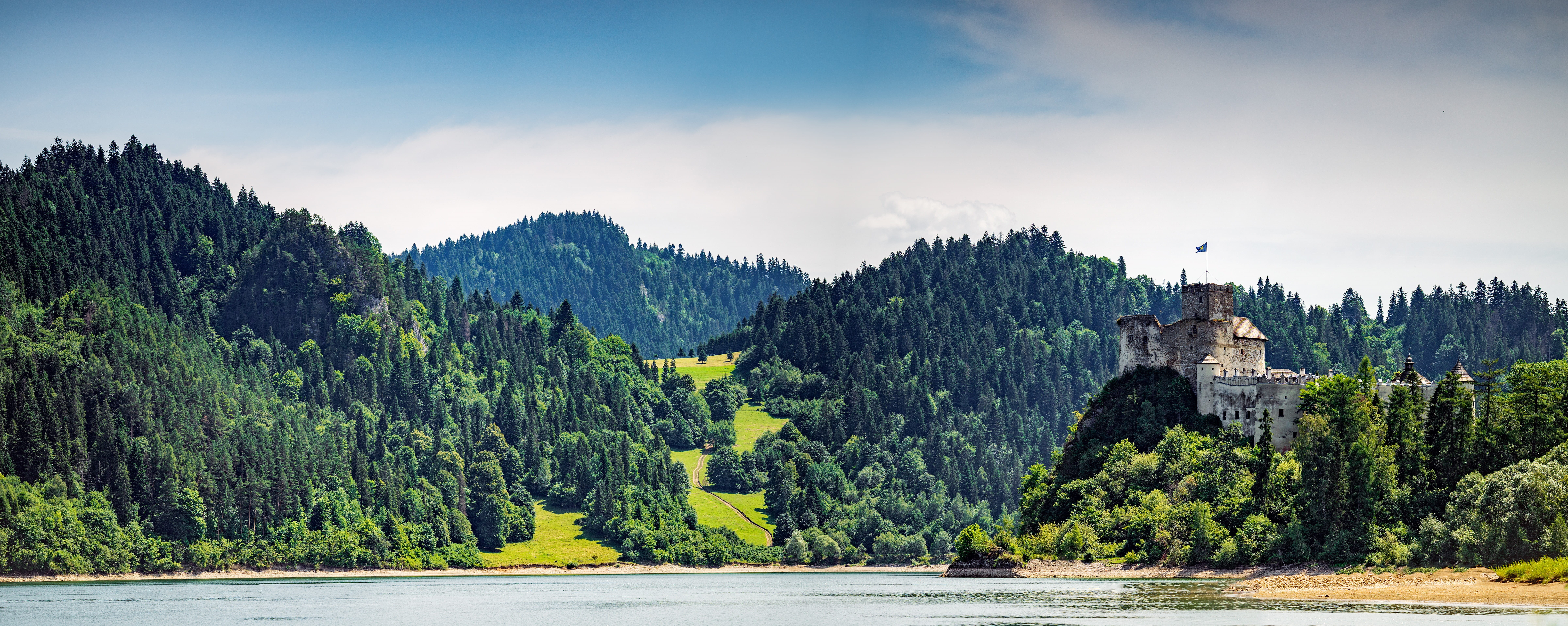 building, tree, lake, vacation, hill, sunlight, fort, scenery, cloud - sky, mountain, tower, landmark, environment, panorama, ancient, scenics - nature, HD Wallpaper
