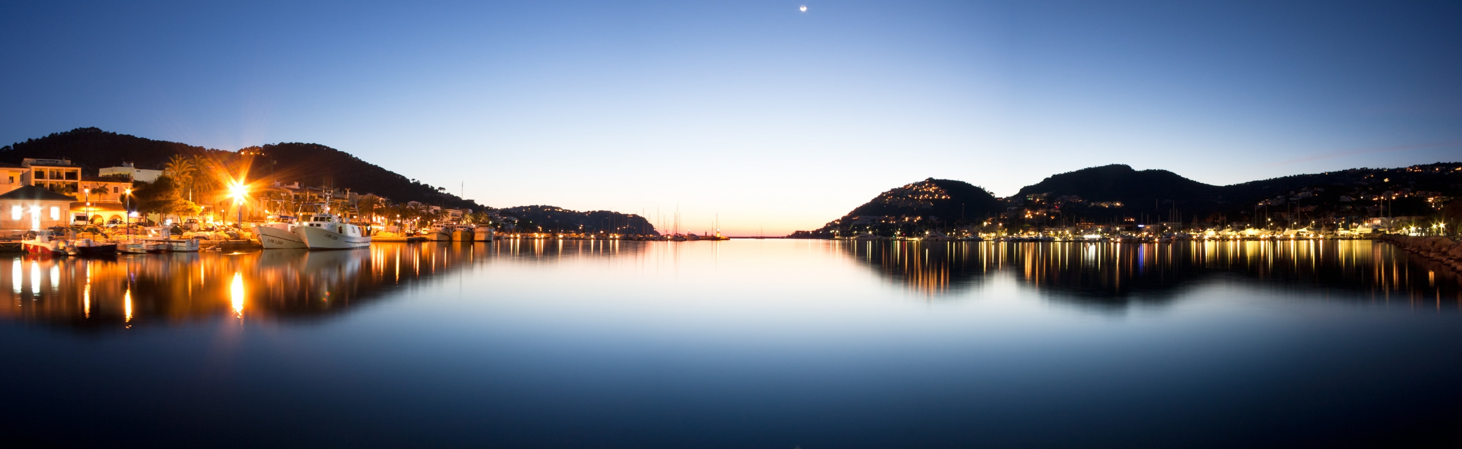 Port, tranquil scene, elpuerto, balearicislands, mountain, dusk, nature, travel destinations, sky, pano, majorca, 450d, 5K, boat, Spain, white, noche, HD Wallpaper