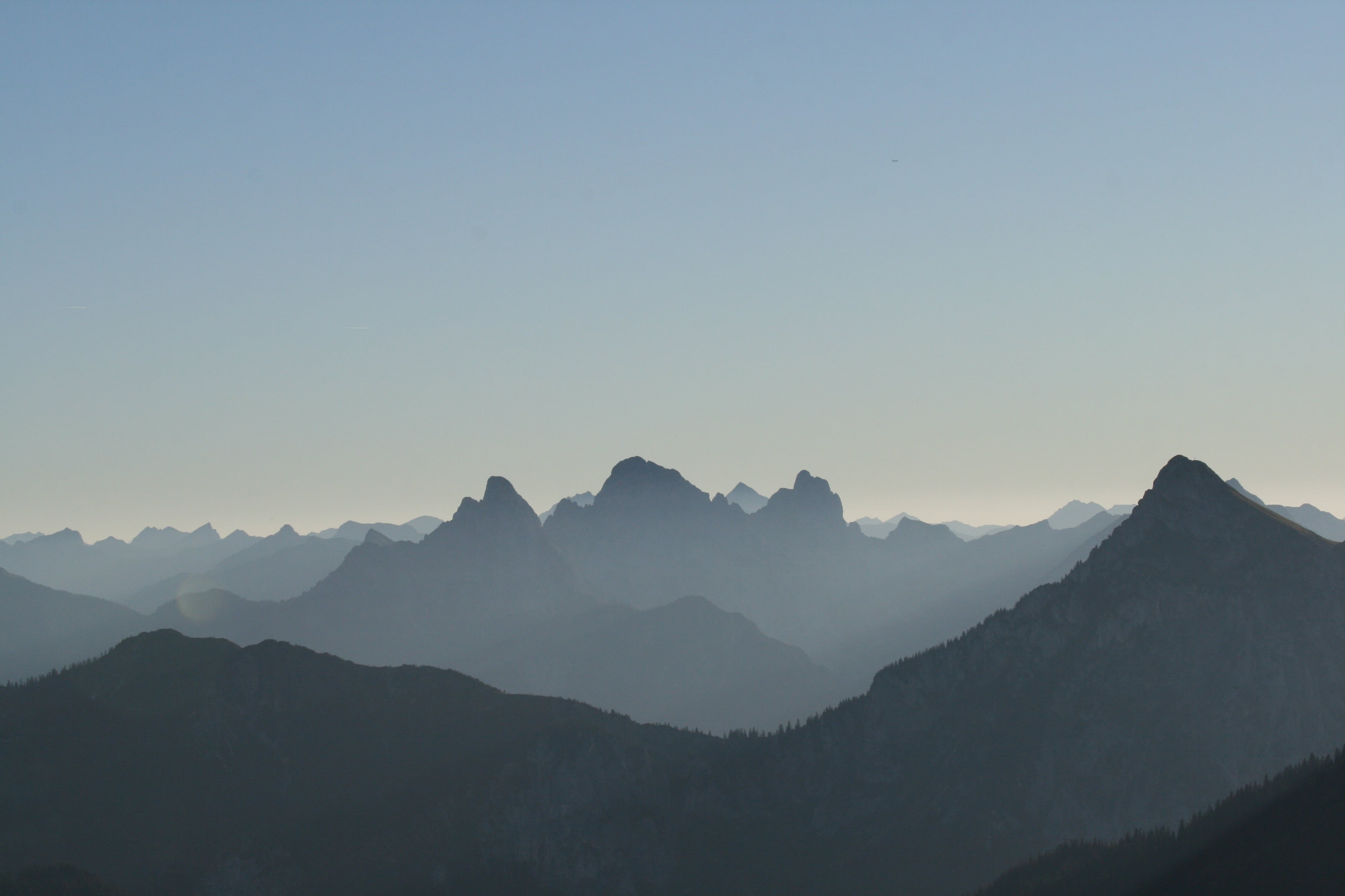 mountain, nature, silhouette, outdoors, mountain range, idyllic, fog, majestic, scenics, 4K, alpine, tranquility, scenics - nature, non-urban scene, pano, HD Wallpaper