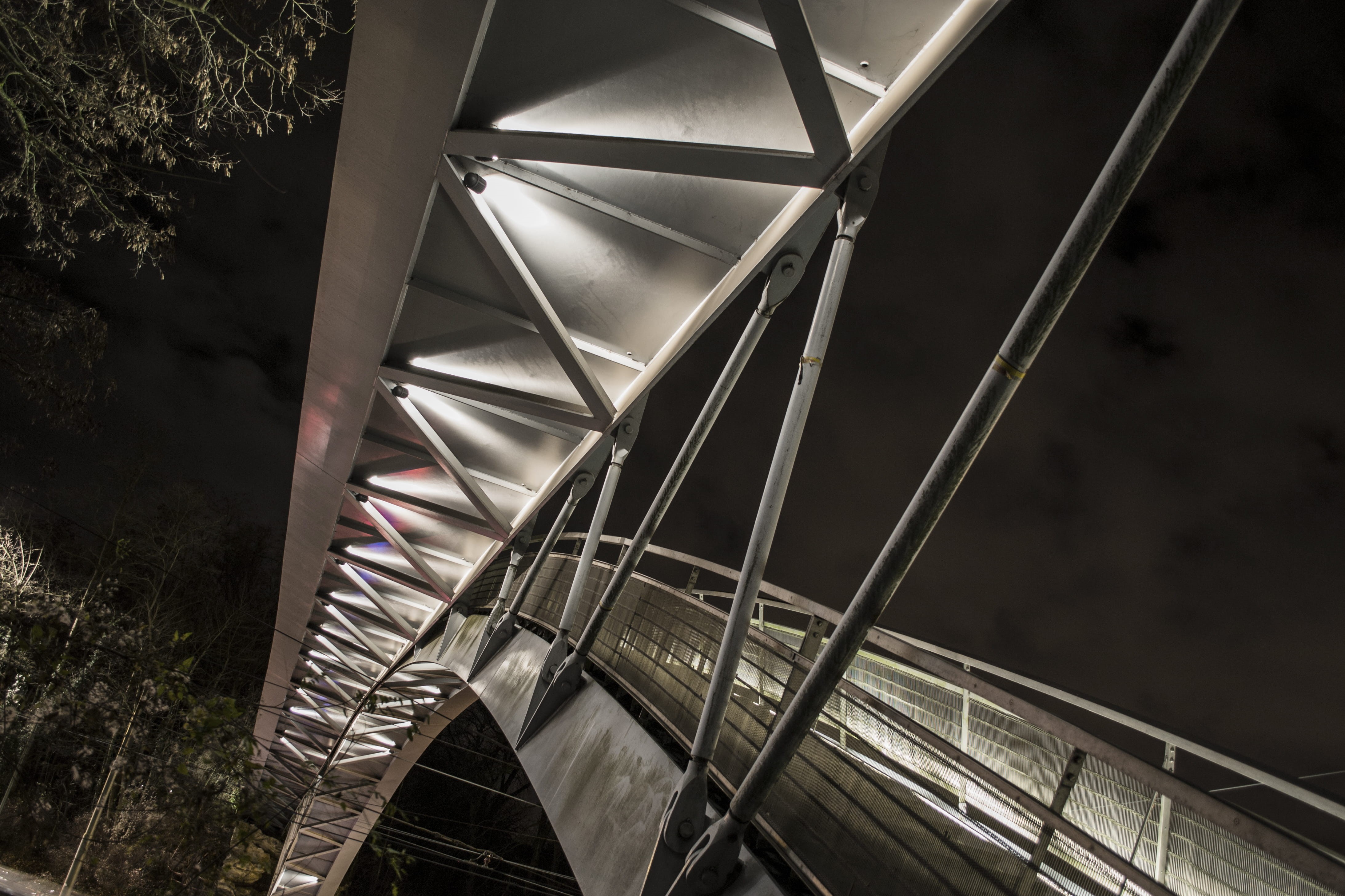 illuminated, architecture, bridge - man made structure, bridge, staircase, nature, belgium, transportation, metal, light, railing, steel, brussels, day, HD Wallpaper