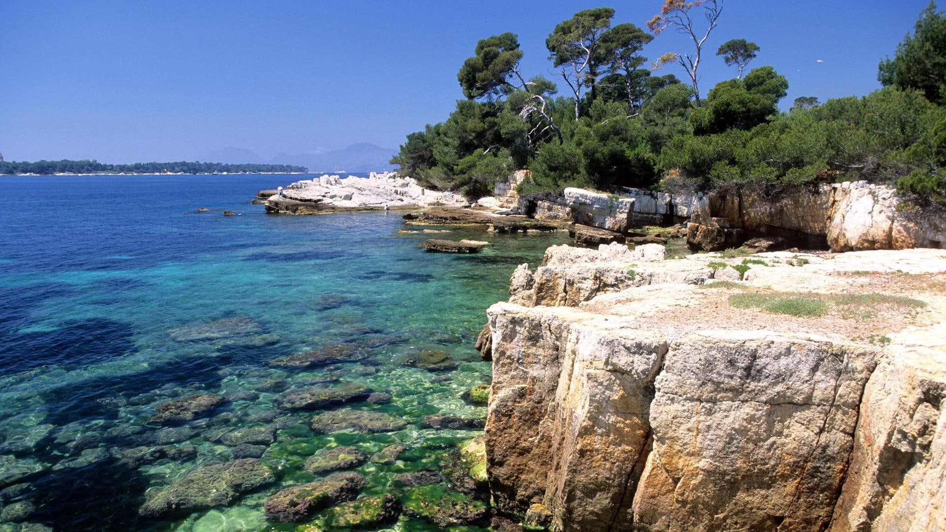 france, alpes maritimes, water, nature, rocks, 3d and abstra, antibes, alpes, maritimes, cape, 1080P, trees, beautiful, HD Wallpaper