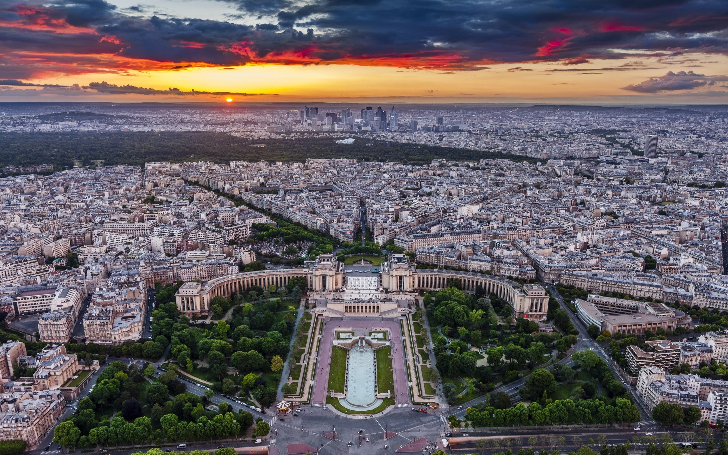 landscape, trees, sunset, sky, architecture, park, nature, urban, clouds, cityscape, 1080P, metropolis, building, Paris, HD Wallpaper