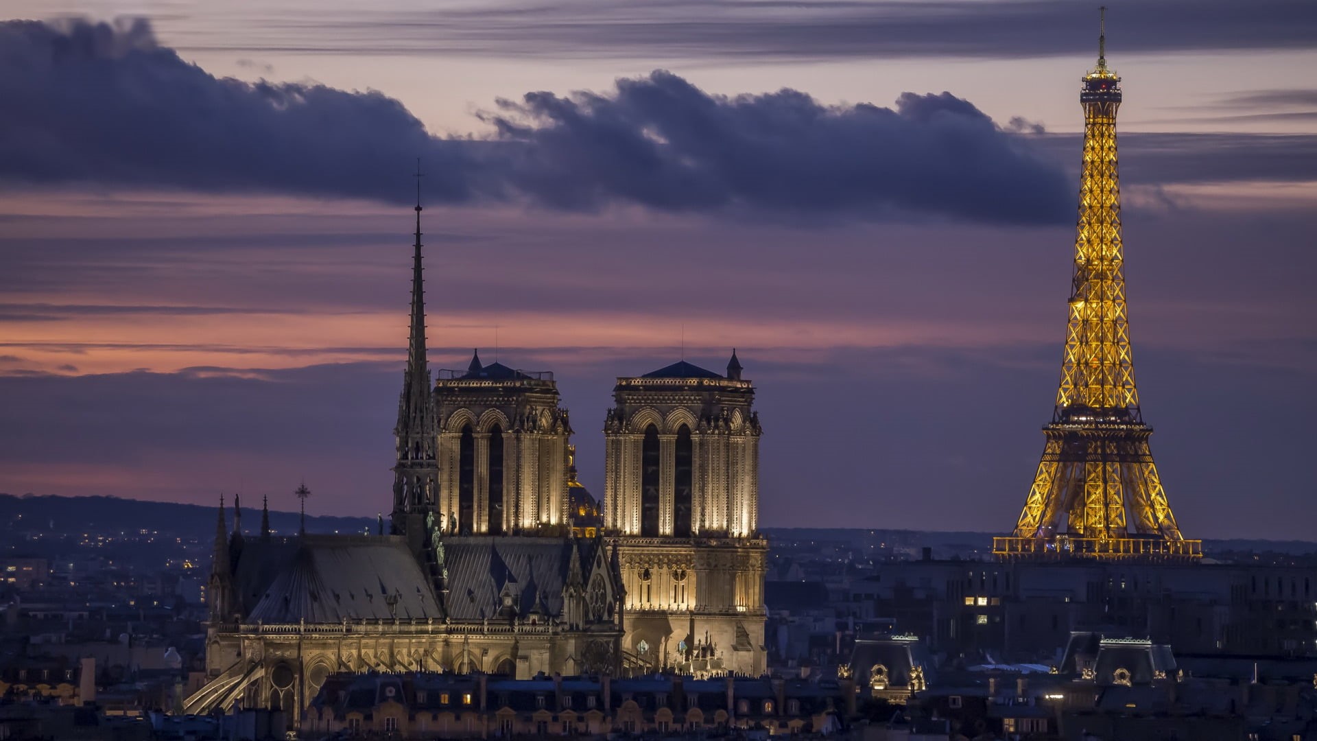 capital, house, building, cathedral, architecture, evening, Notre-Dame, Paris, 1080P, clouds, sunset, Eiffel Tower, France, HD Wallpaper