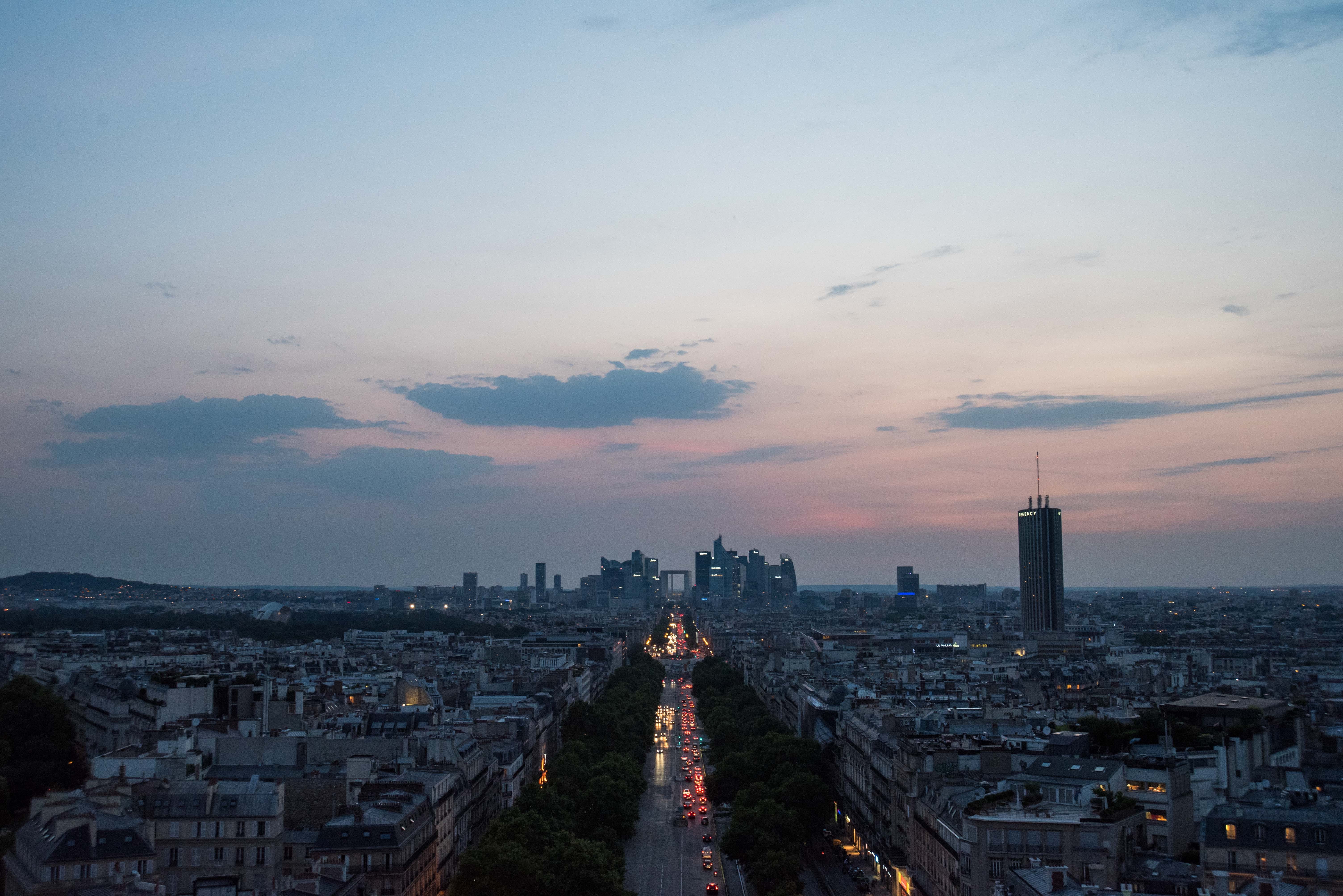 building exterior, tall - high, 5K, sky, travel, travel destinations, office building exterior, sunset, city, architecture, la défense, skyscraper, sunrise, HD Wallpaper