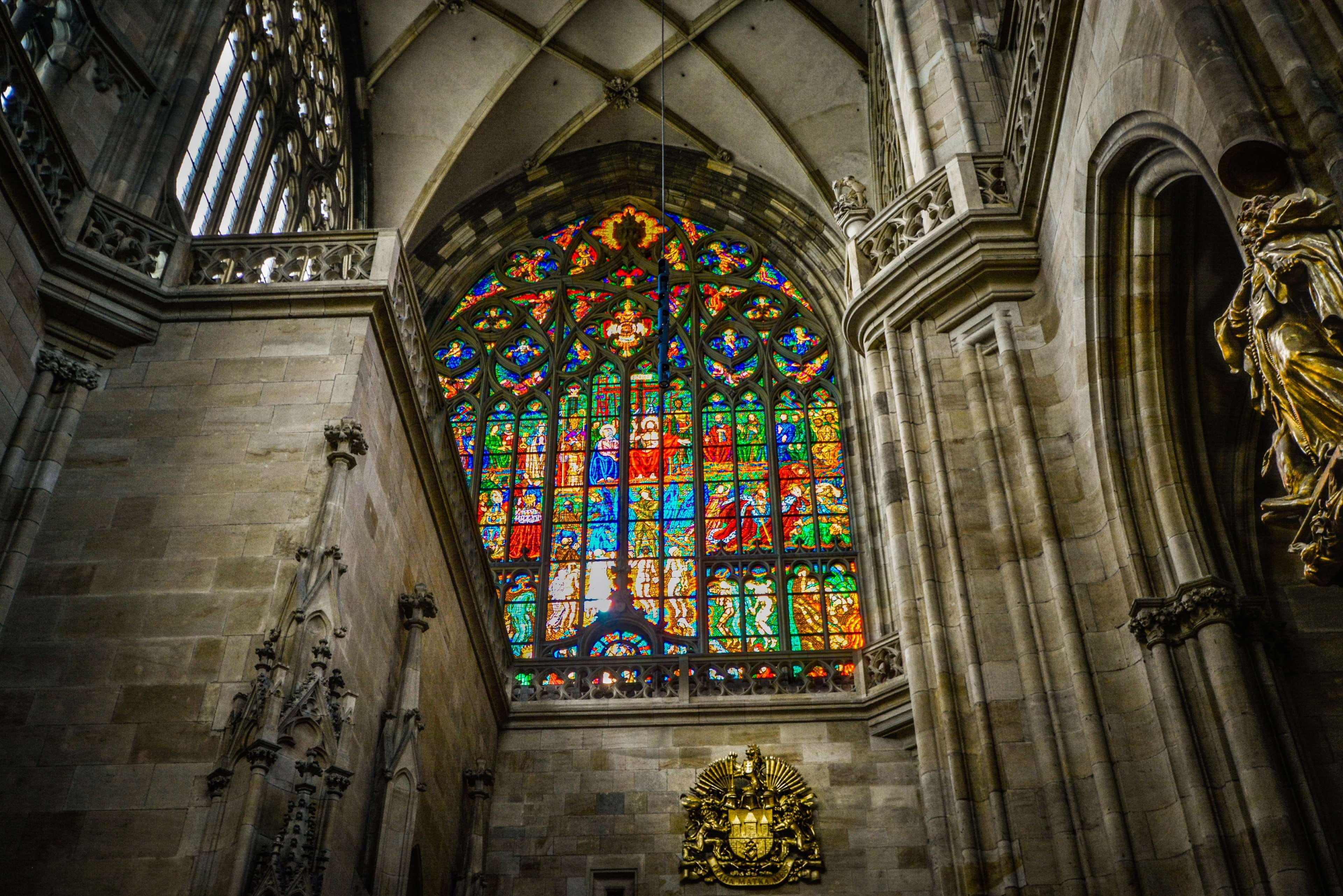 prague, czech, ceiling, church, gothic style, no people, sacred, glass - material, low angle view, religion, gothic, building exterior, european, 4K, belief, HD Wallpaper