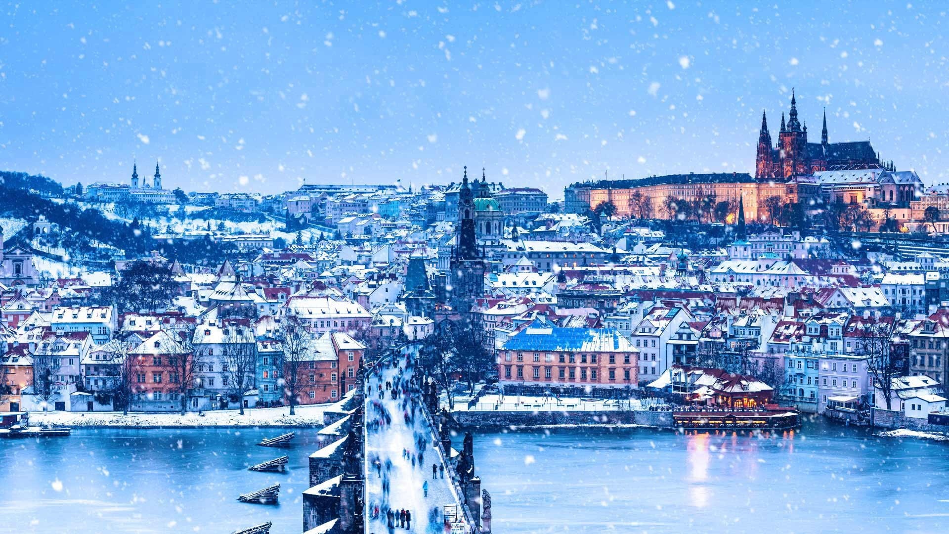 panorama, river, winter, Charles bridge, Prague, Czech Republic, 1080P, Christmas, HD Wallpaper