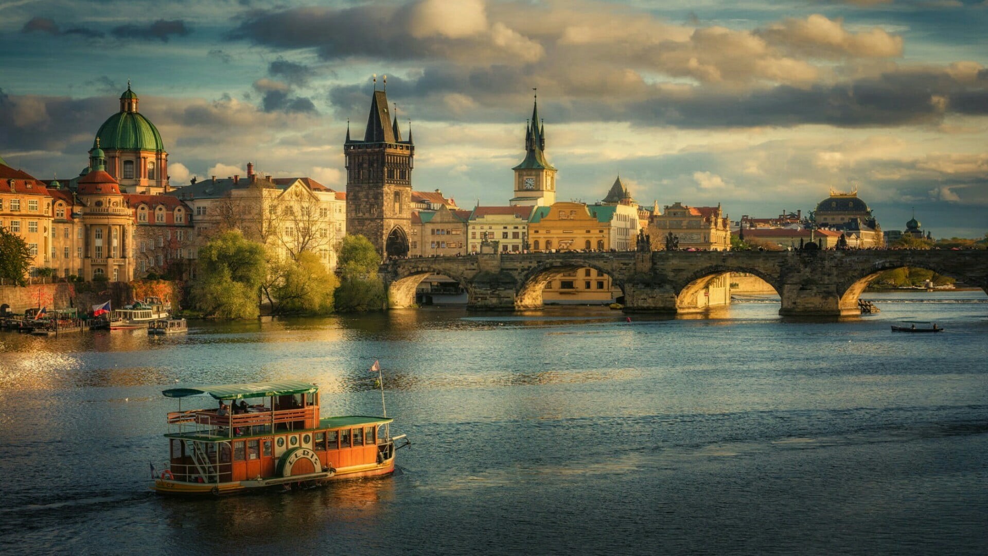 water, vltava river, building exterior, built structure, waterfront, bridge, ship, cruise, europe, charles bridge, connection, 1080P, prague, transportation, HD Wallpaper
