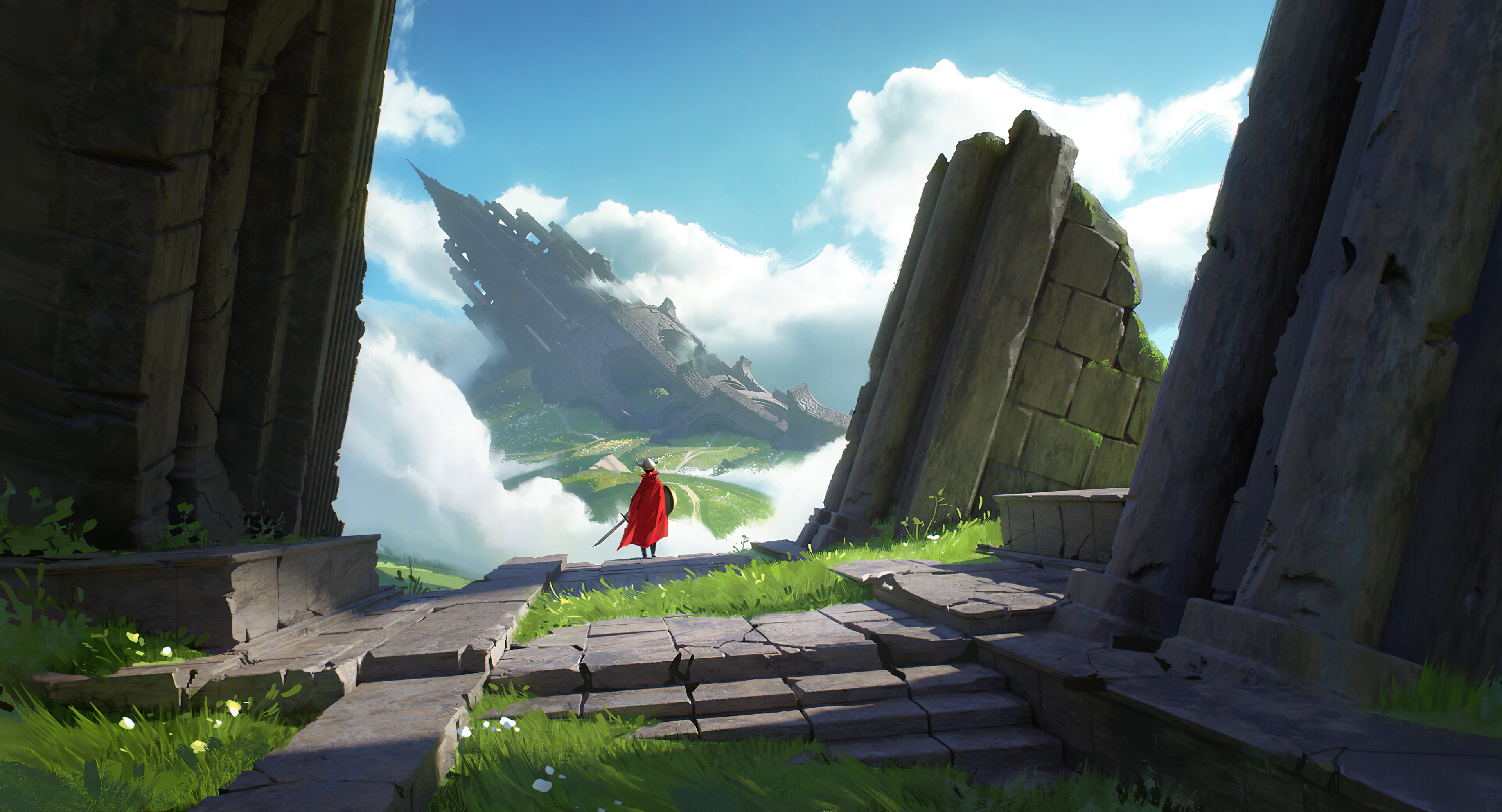 fantasy art, knight, Quentin Mabille, clouds, grass, 4K, ruins, HD Wallpaper