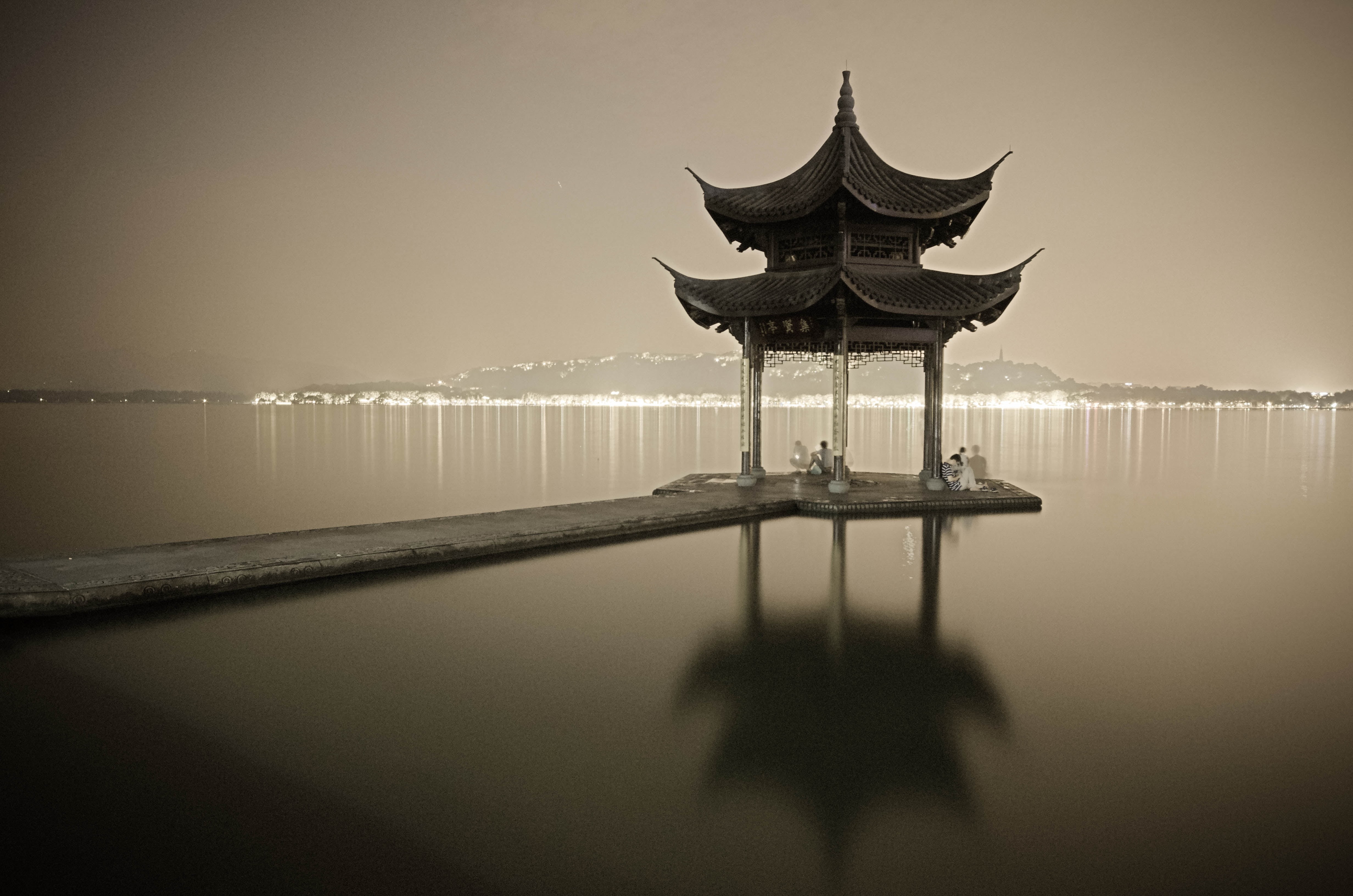 lake, nature, grayscale, water, 4K, photography, china - East Asia, pavilion, sunset, body, reflection, asia, pagoda, gazebo, near, HD Wallpaper