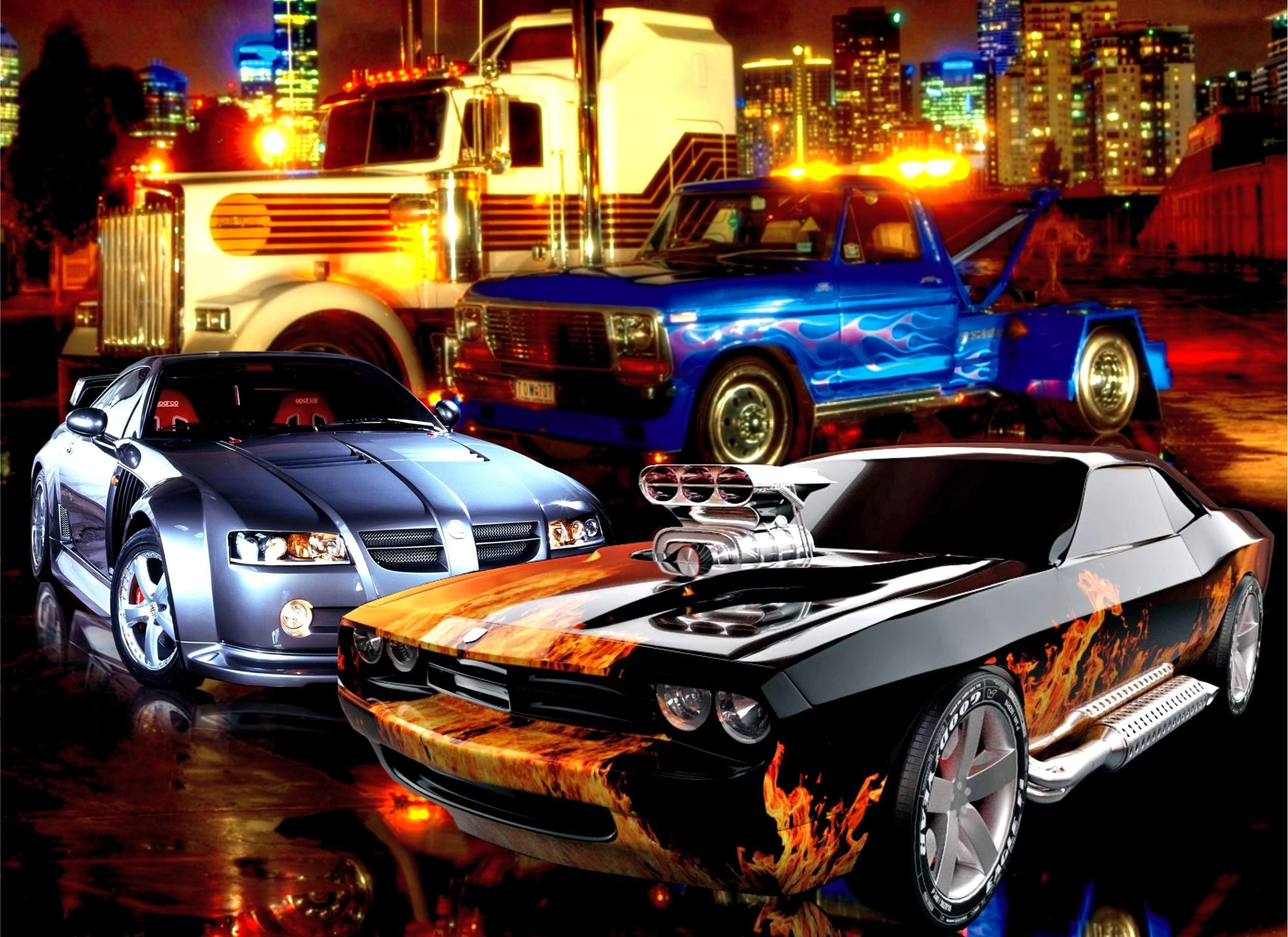fantasy, lights, auto, luces, cars, 1080P, ciudad, grua, night, camion, trucks, city, motor, HD Wallpaper