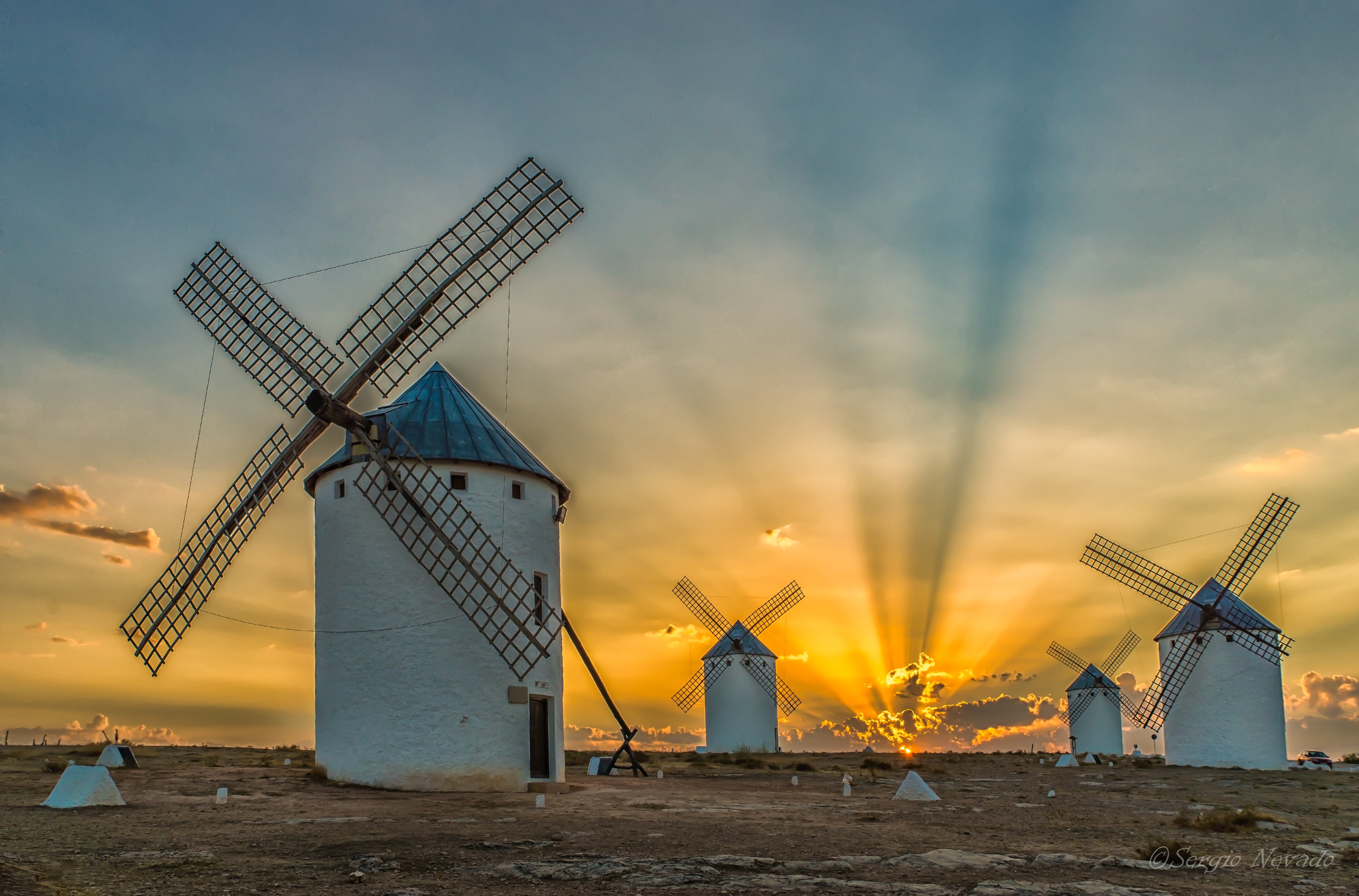 white, sunrise, four, quijote, explorer, concrete, campo, rayos, windmills, Amanecer, windmill, sky, aspas, 5K, sunset, ciudad  real, entre, molinos, HD Wallpaper