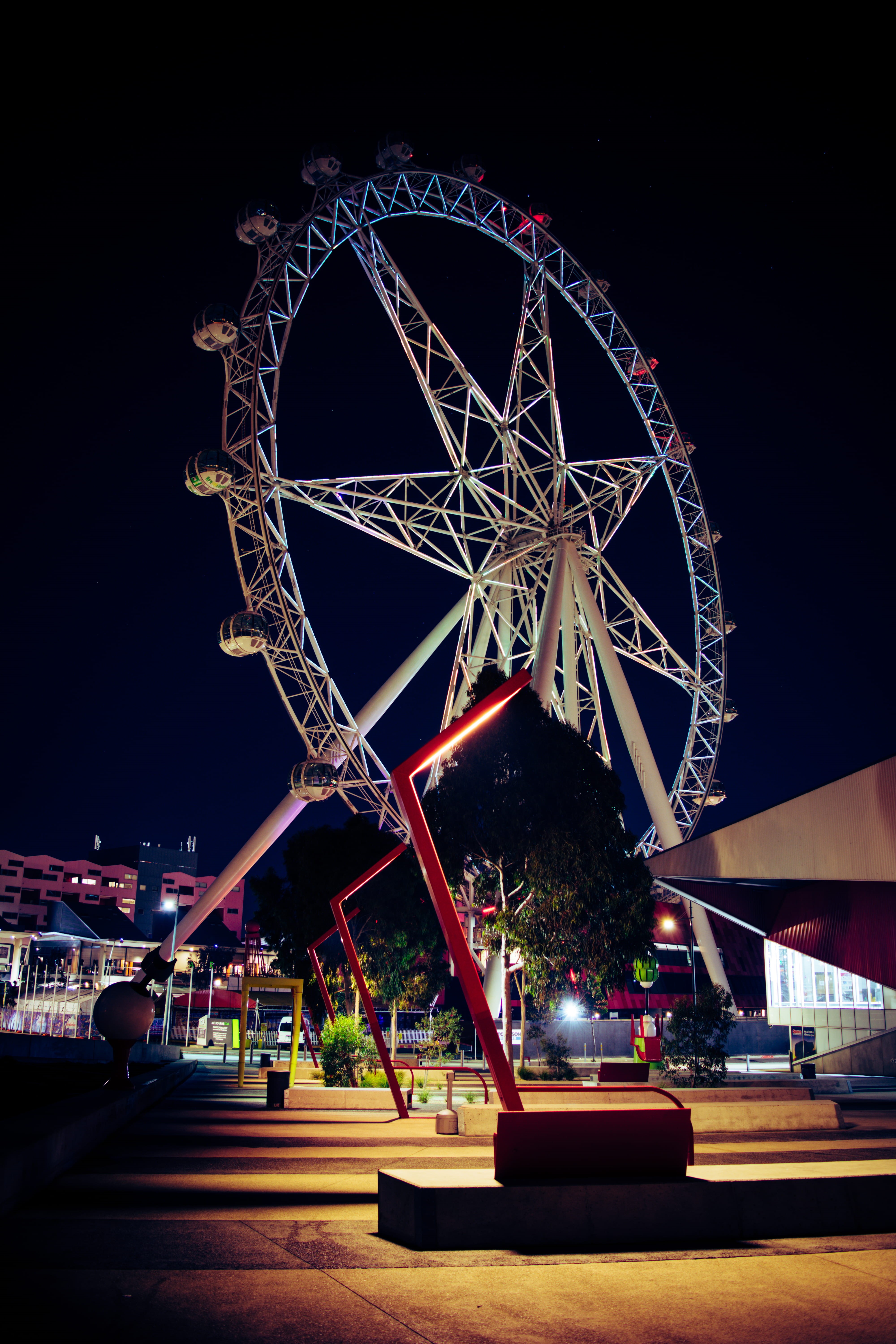 white, amusement park, red, ferris wheel, fun, low, rollercoaster, architecture, arts culture and entertainment, sky, street lamp, building exterior, steel, Phone HD Wallpaper