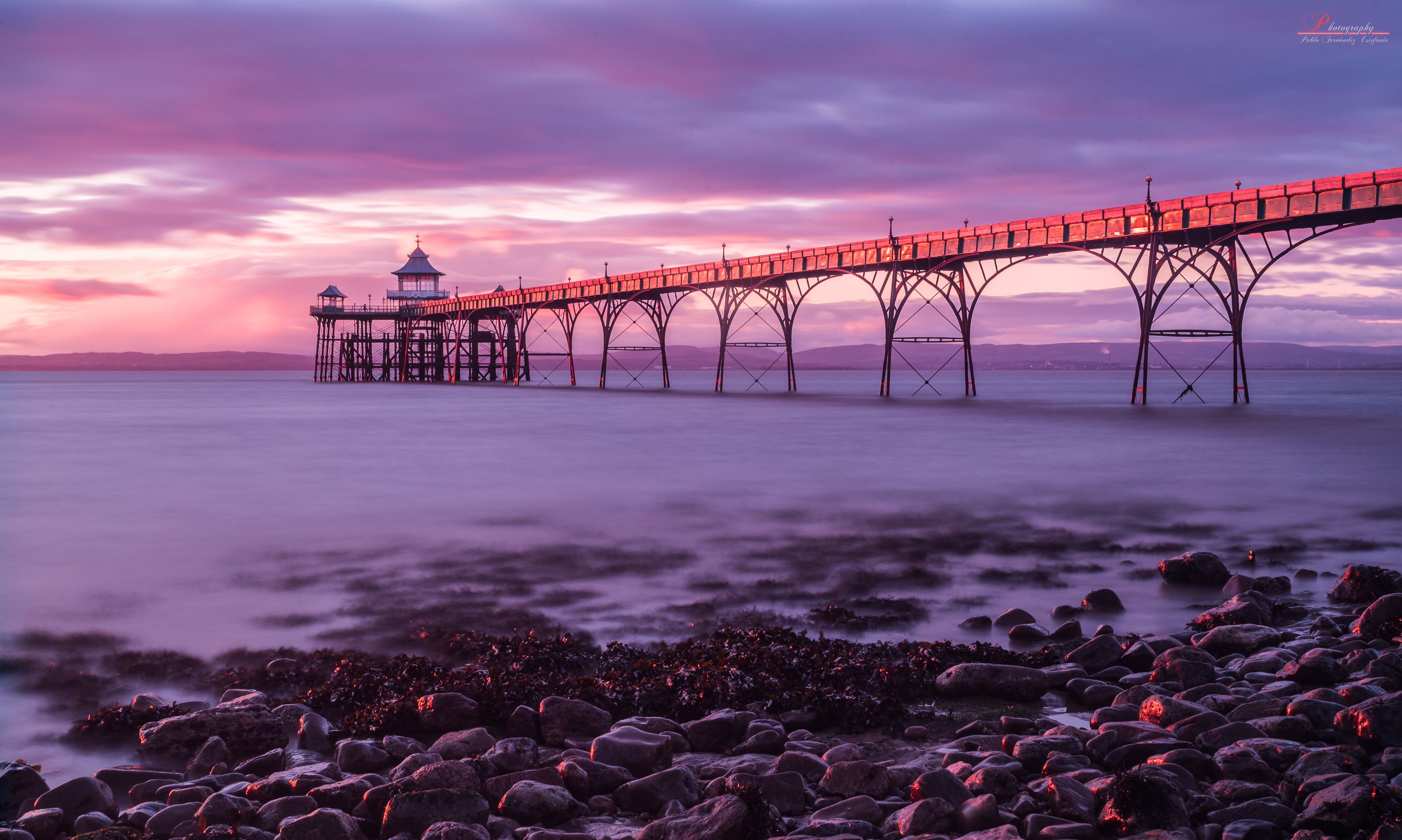 pink, uk, full  hd, exposicion, sky  landscape, bridge - Man Made Structure, bridge, amazing, hut, creative  commons, VC, dusk, Clevedon Pier, muelle, sky, HD Wallpaper