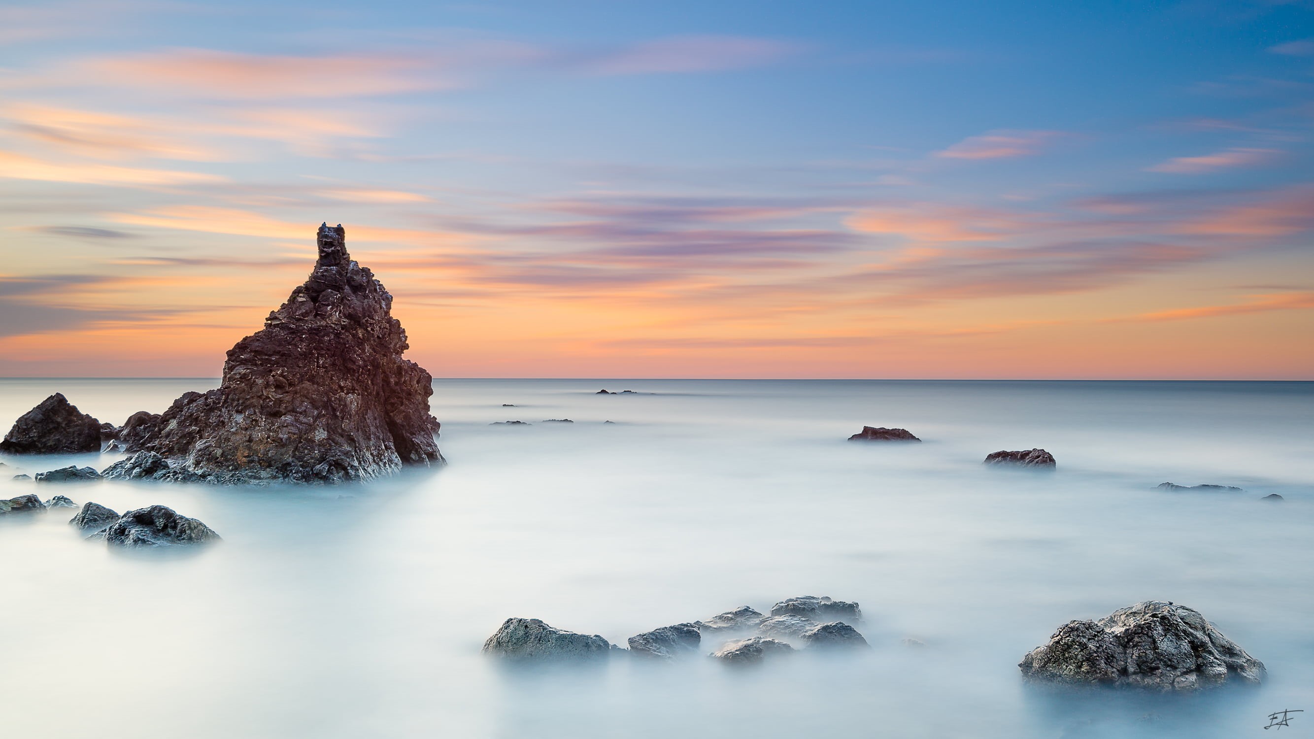 dusk, landscape, larga, covered, sea, photo, seascape, shoreline, basque  country, shore, 2K, scenics, sunset, sun, body, sunrise - Dawn, rock, Pyramid, HD Wallpaper