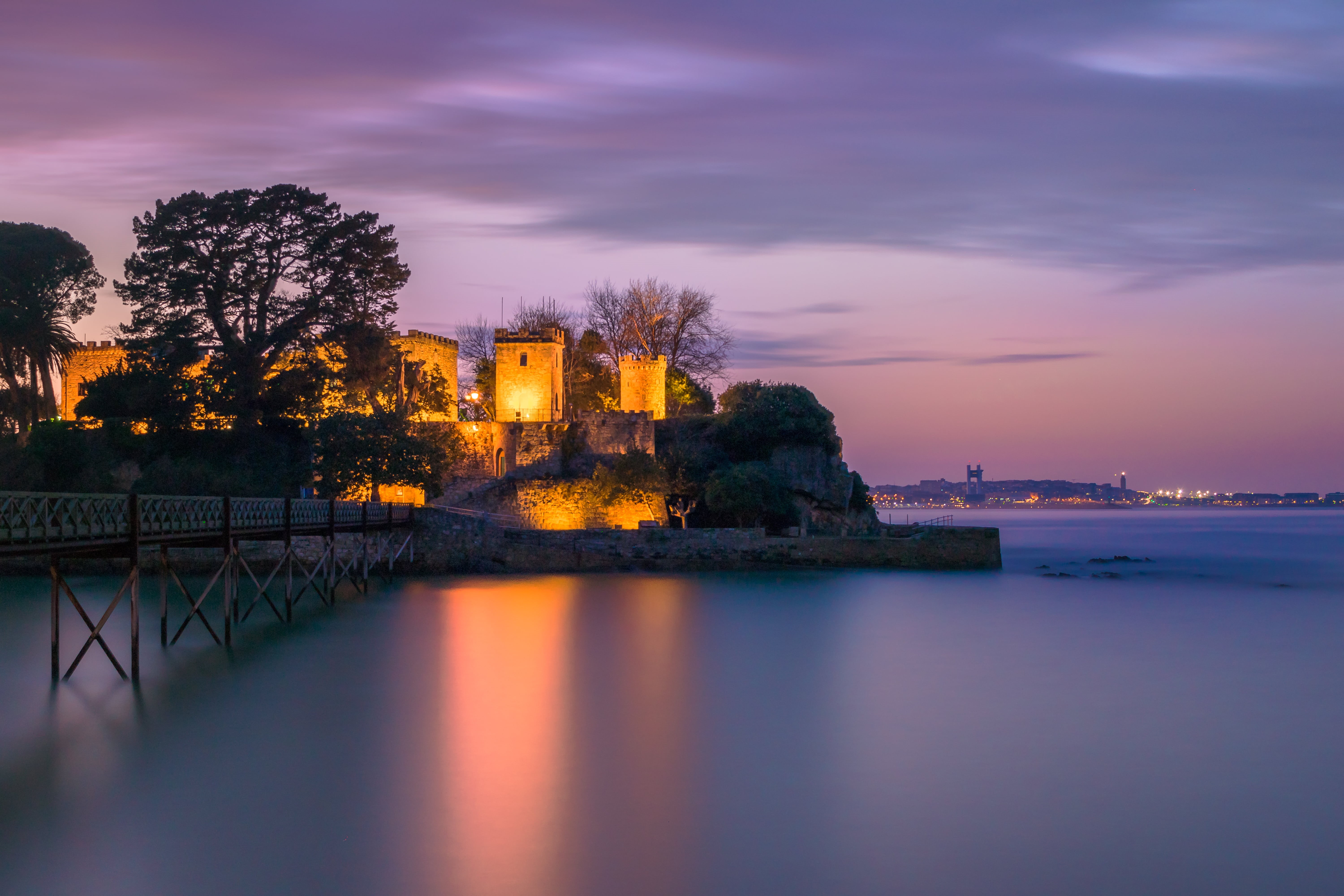 sea, ngc, blue hour, A Coruña, architecture, castillo, Castillo de Santa Cruz, purple, Europe, bridge, long exposure, cityscape, Coruña, history, hour, HD Wallpaper