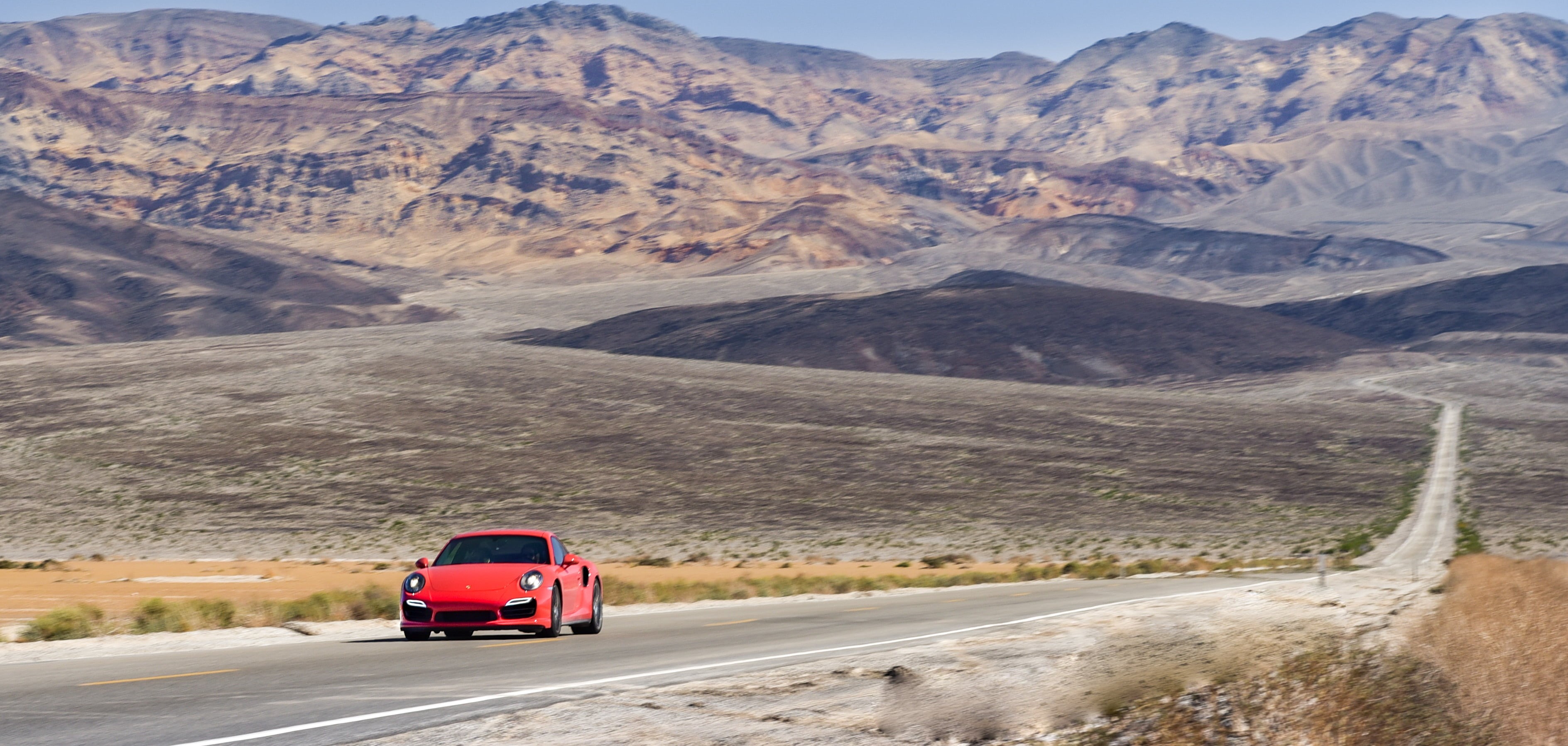 motion, travel, automotive, driving, red  car, landscape, red car, car, USA, drive, mountain, red, desert, road, 2K, California, Porsche  911  Turbo, death  valley, HD Wallpaper