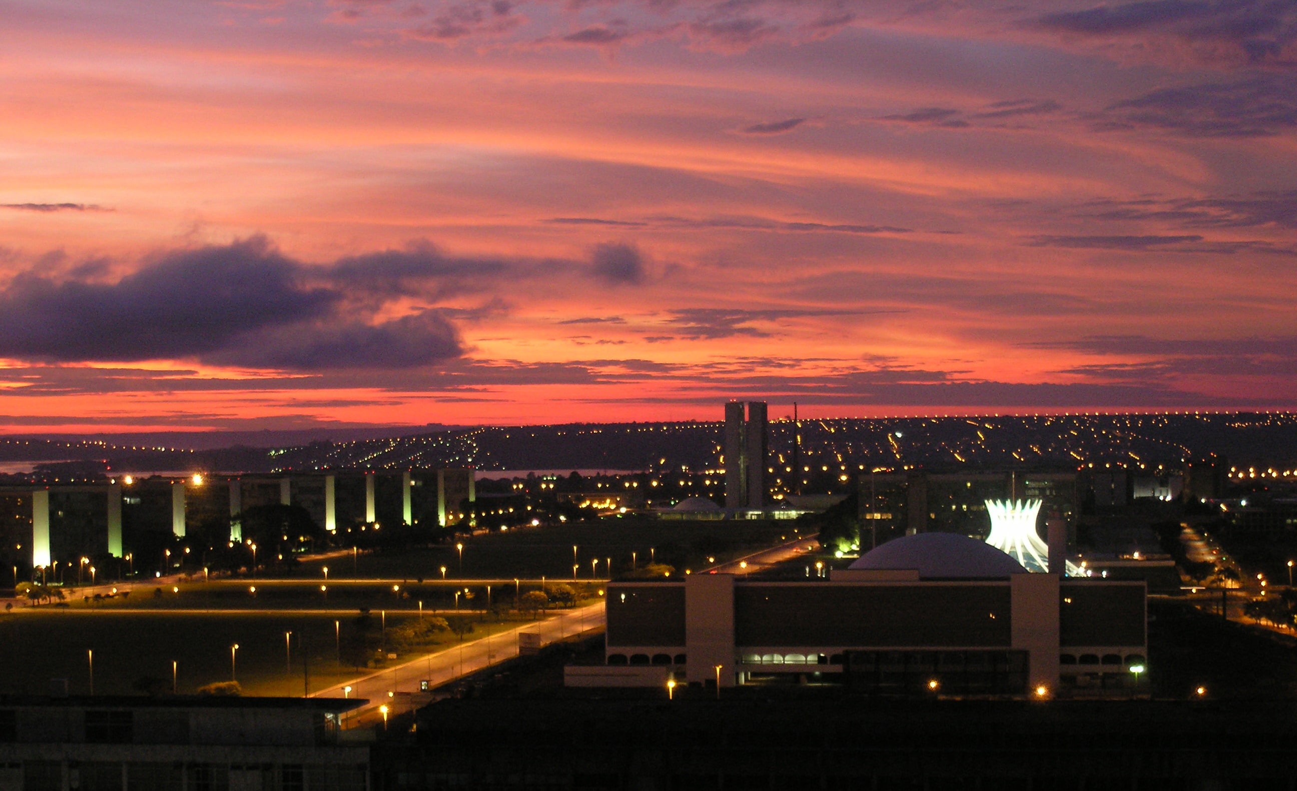 aerial, oscar  niemeyer, national  congress, dusk, lucio  costa, night, CC, 2K, famous Place, brasileira, UNESCO  world  heritage  site, urban Skyline, HD Wallpaper