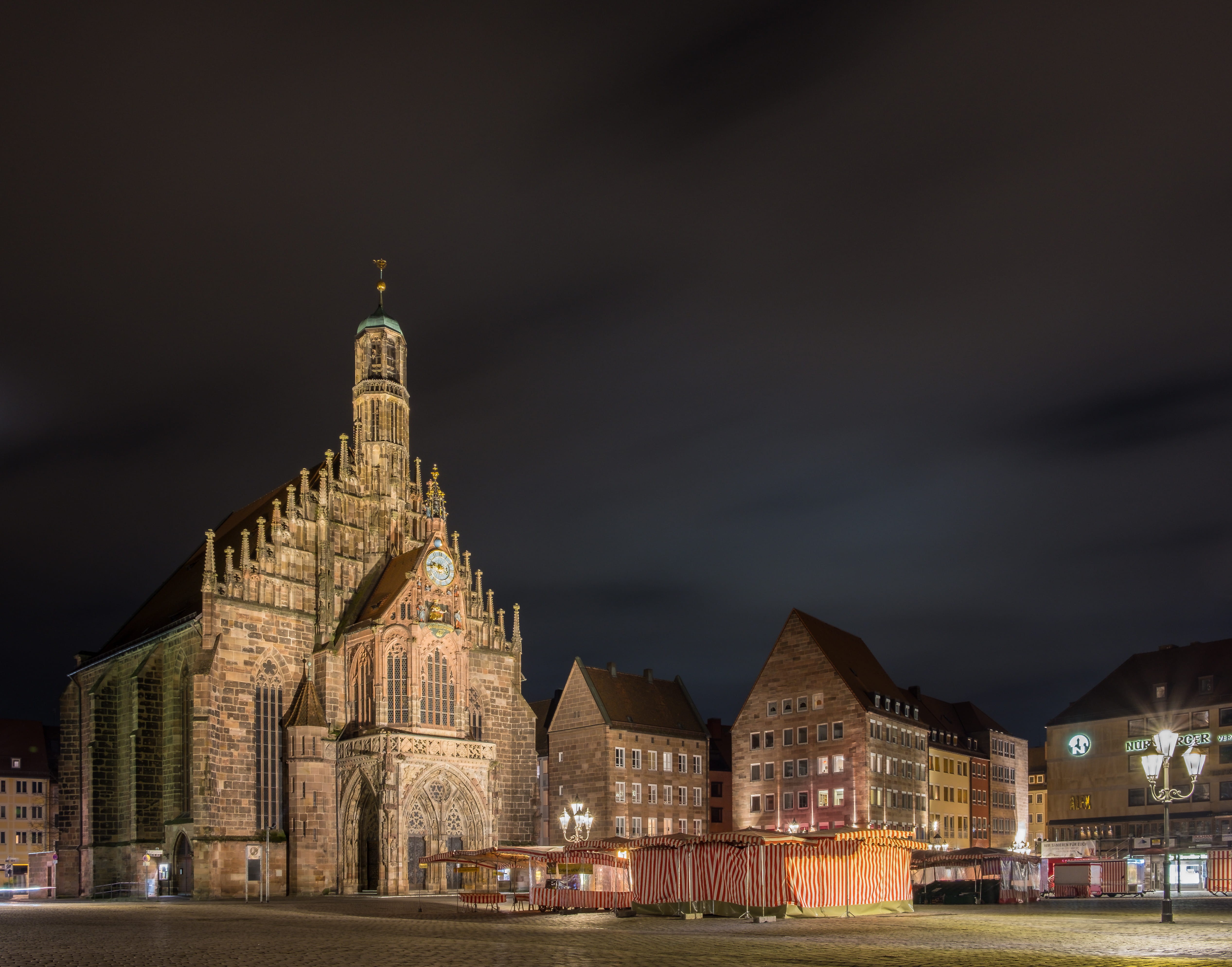 architecture, travel destinations, night, bayern, nürnberg, bavaria, church of our lady, germany, belief, illuminated, spire, building exterior, 4K, no people, HD Wallpaper