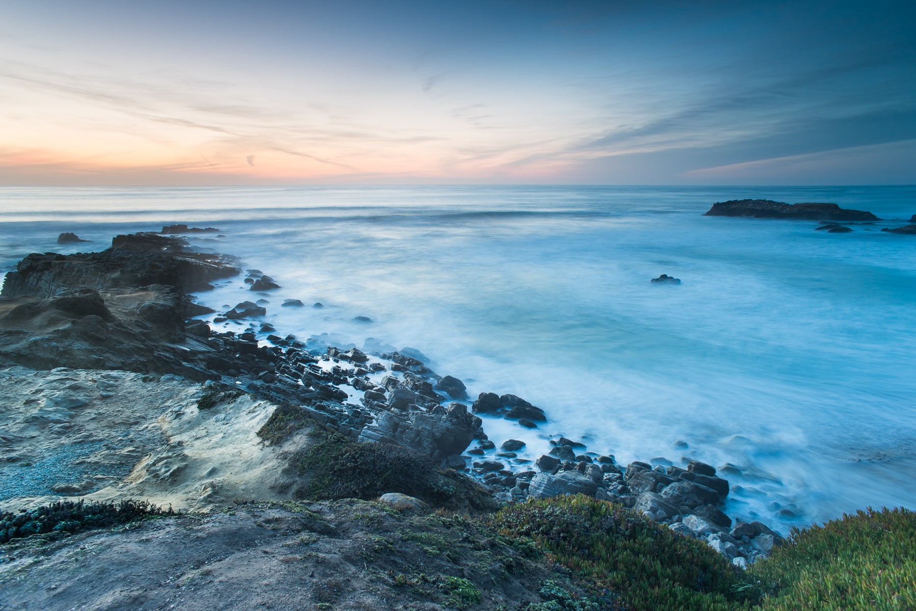 rock - Object, green, ocean, landscape, pacific, blue, sea, dusk, california, nature, coastline, daytime, green grass, om, near, seascape, sunset, wave, HD Wallpaper