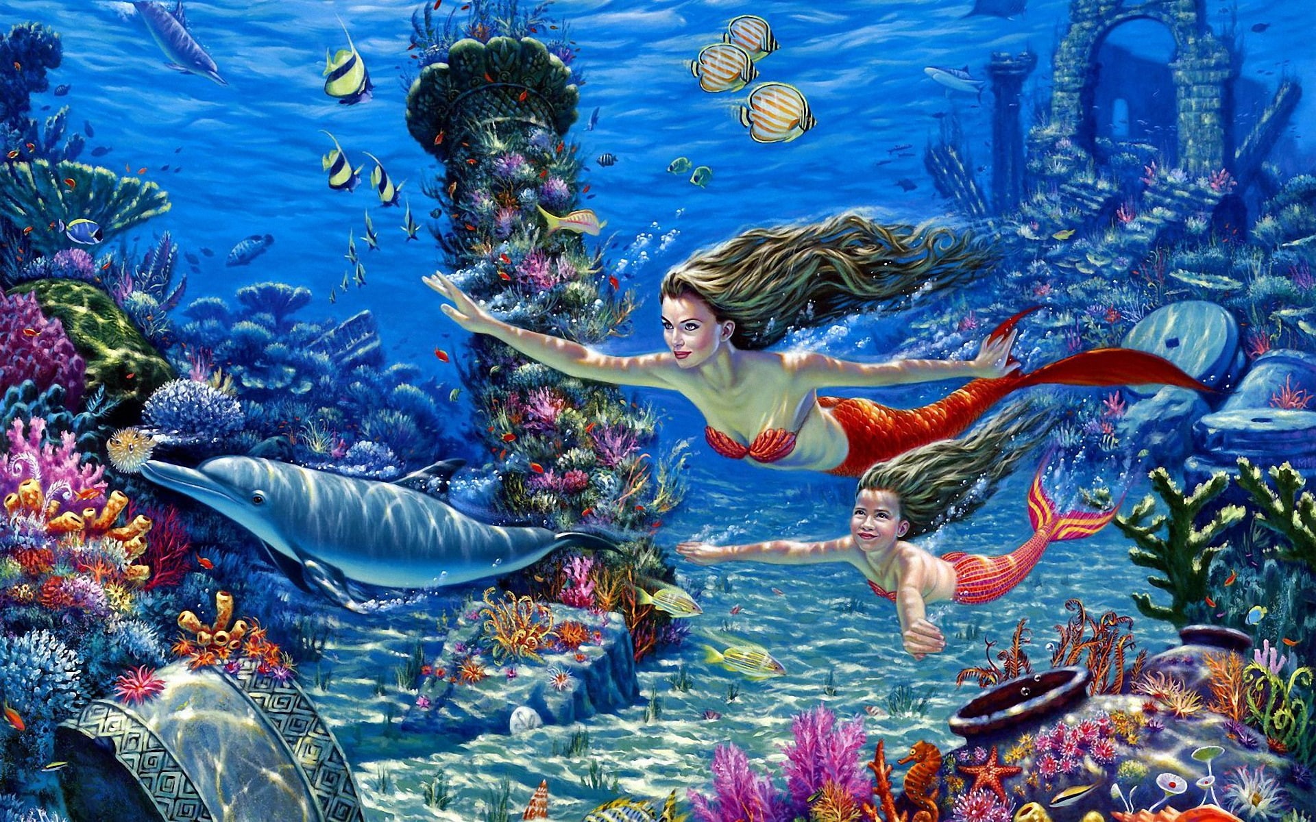 fondo, 1080P, peces, sirenas, fantasia, hija, madre, delfin, mar, HD Wallpaper