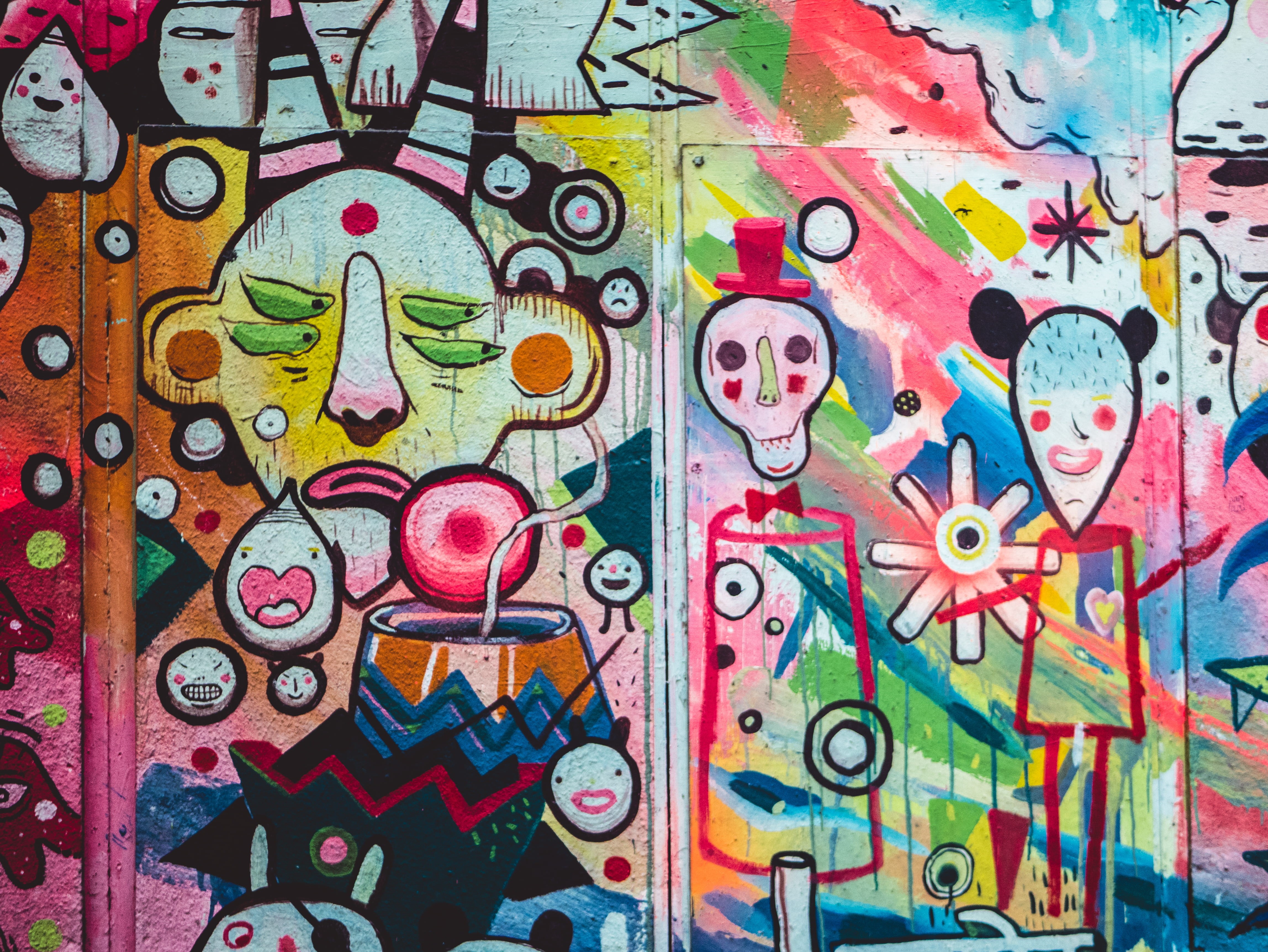 shape, street art, skull, no people, 4K, multicolored, abstract, craft, art and craft, full hd, color, mural, urban, variation, paint, indoors, close-up, HD Wallpaper