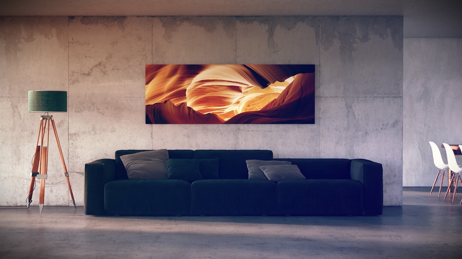 sofa, comfortable, living room, 1080P, seat, architecture, arts culture and entertainment, indoors, orange color, modern, empty, built structure, tripod, HD Wallpaper