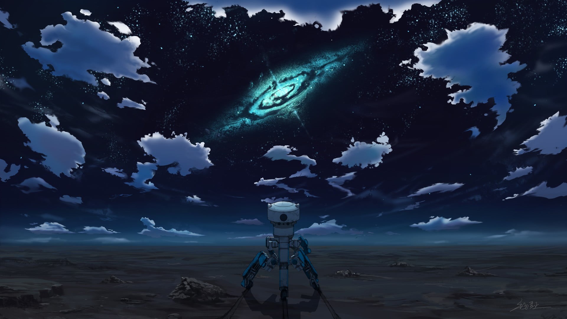 outdoors, sea, environment, digital composite, nature, night, astronomy, sky, space exploration, water, no people, 1080P, land, robot, Rakuen Tsuihou, HD Wallpaper