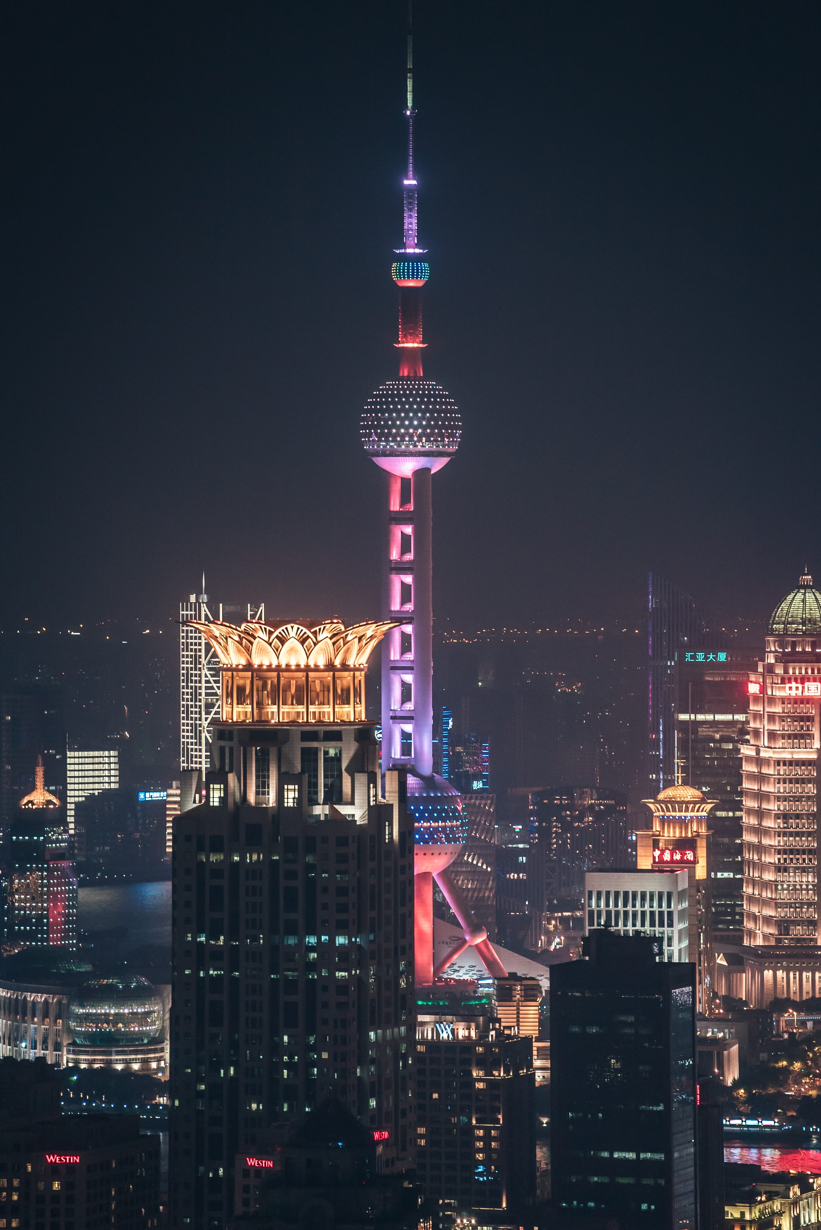 city at night, bund, modern, building exterior, noen lights, building, cityscape, china architecture, spire, oriental, moden, financial district, pointed, Phone HD Wallpaper