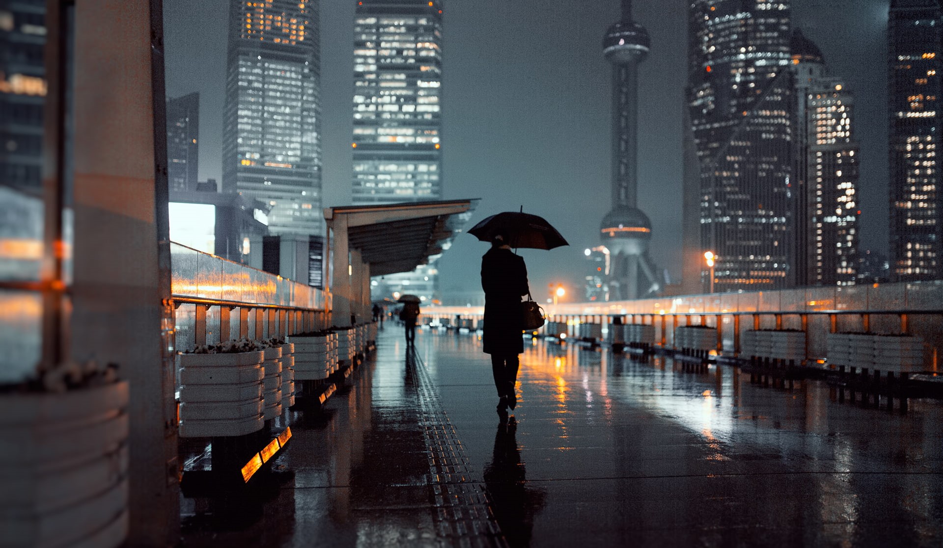 girl, rainy season, full length, night, wet, walking, city, protection, built structure, skyscraper, one person, lights, 1080P, office building exterior, HD Wallpaper