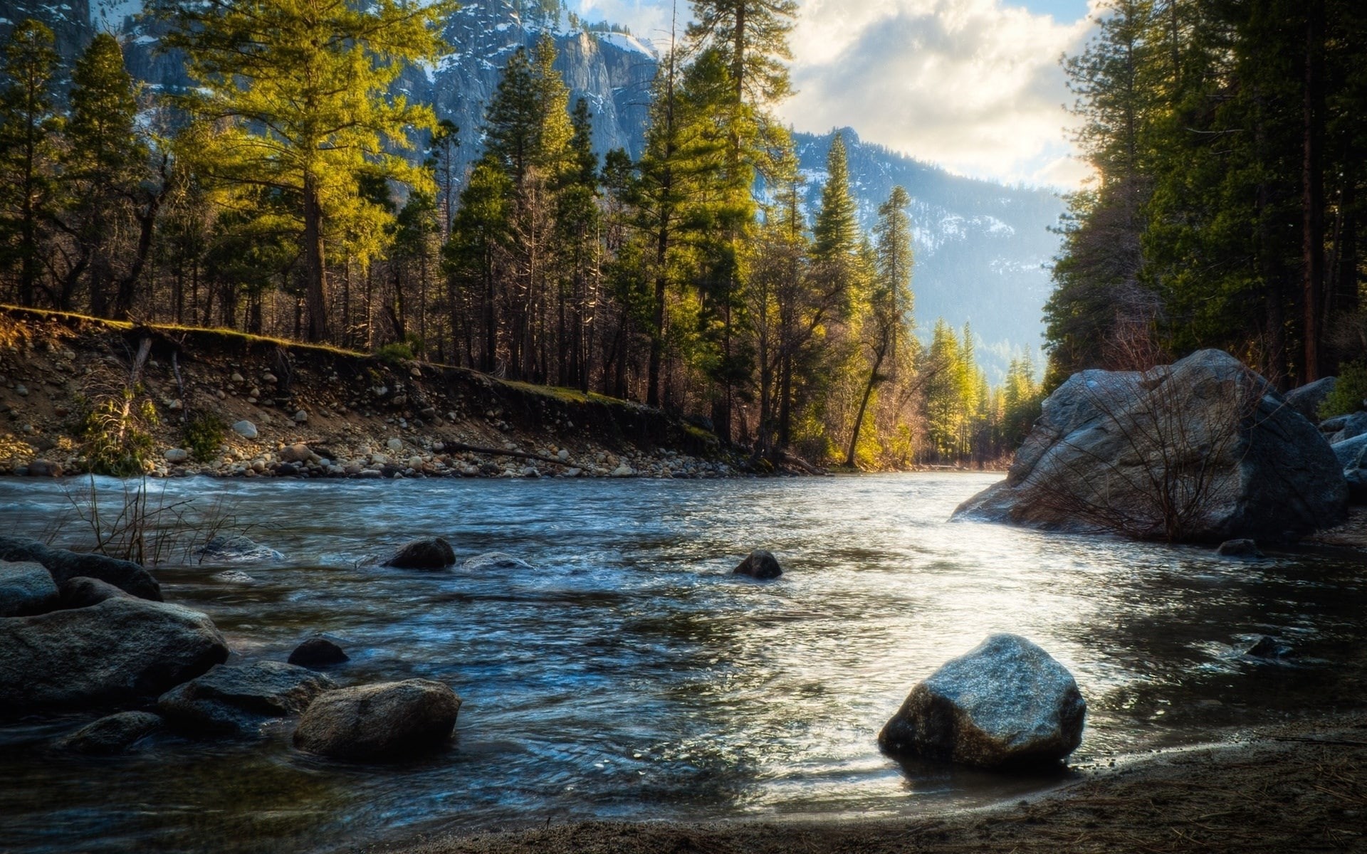 outdoors, rock - object, river, non-urban scene, no people, nature, tranquility, tranquil scene, scenics - nature, pine tree, nature screensavers and  1920x1200, HD Wallpaper