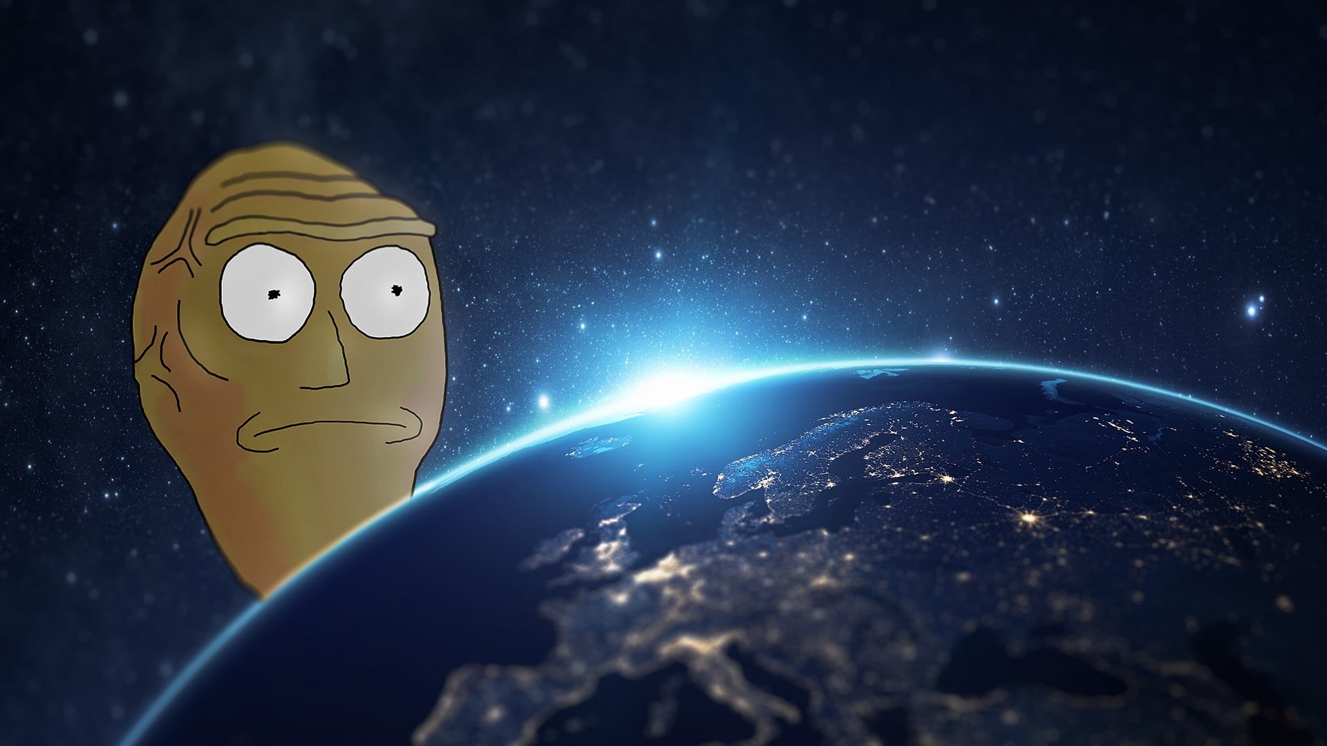 Rick and Morty, illuminated, dark, night, communication, Earth, planet - space, environment, planet earth, floating heads, astronomy, nature, HD Wallpaper
