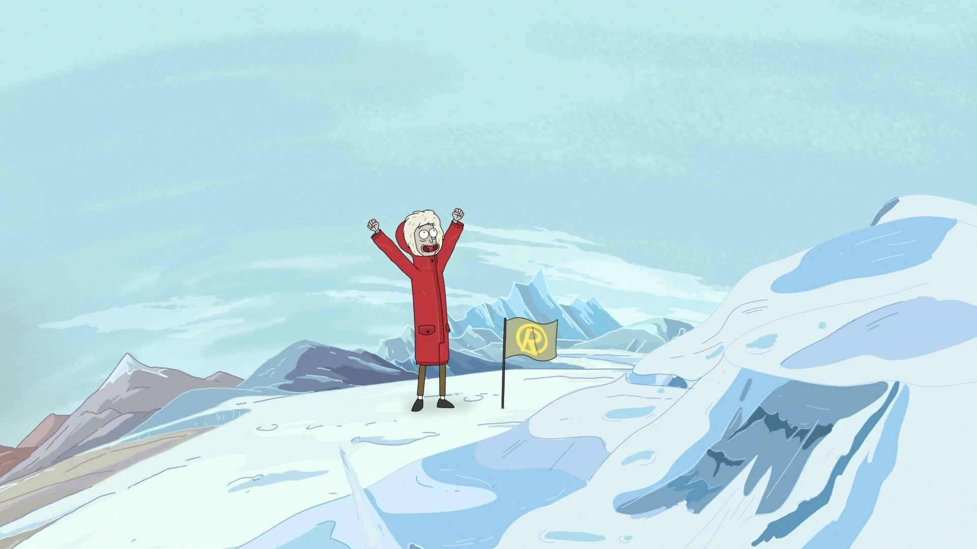 day, sky, cold temperature, outdoors, lifestyles, real people, Rick Sanchez, red, human arm, Adult Swim, cloud - sky, winter sport, snow, Rick and Morty, HD Wallpaper
