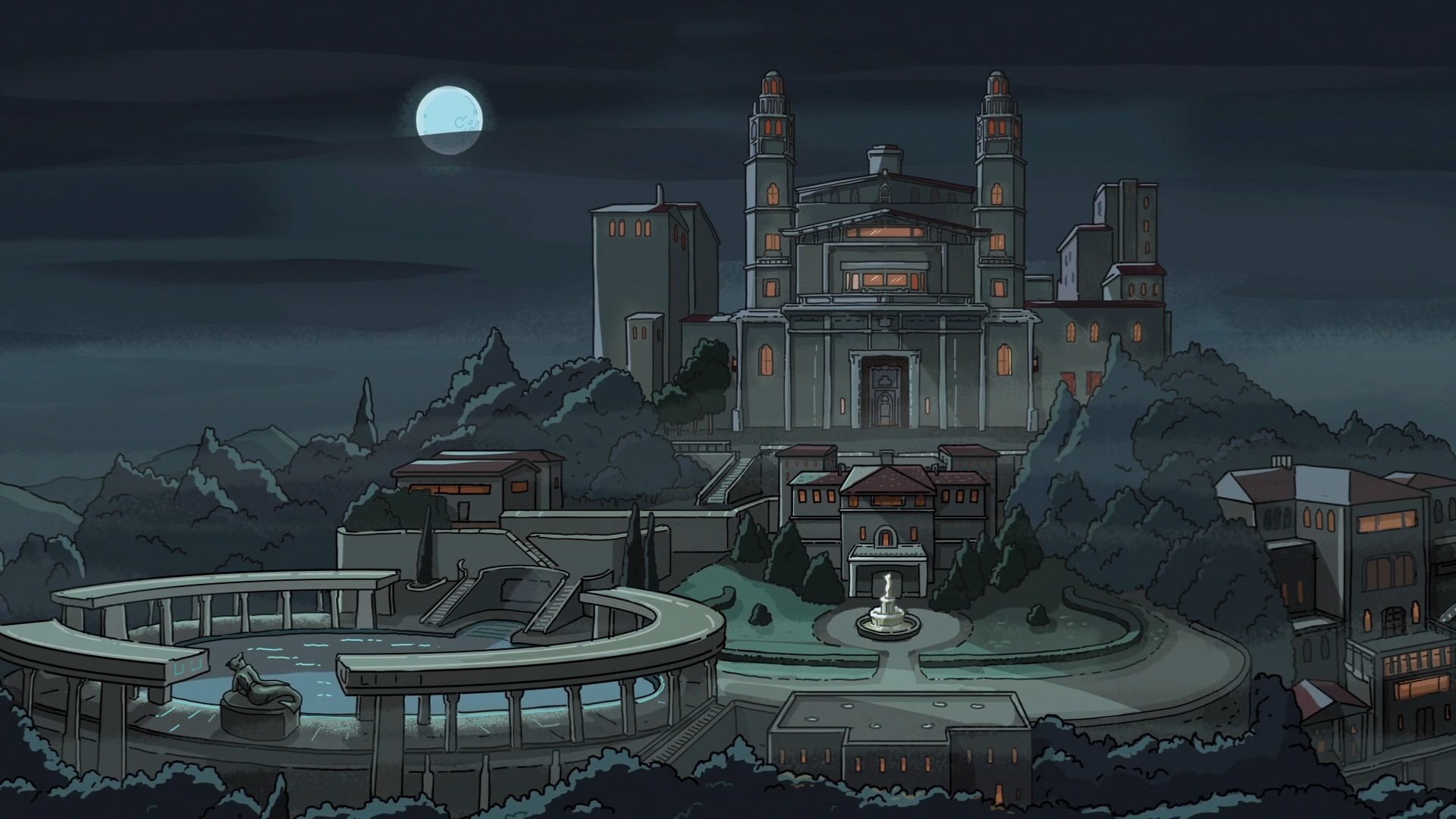 no people, cartoon, belief, place of worship, 1080P, game, high angle view, Adult Swim, night, travel destinations, moon, building exterior, sky, built structure, HD Wallpaper