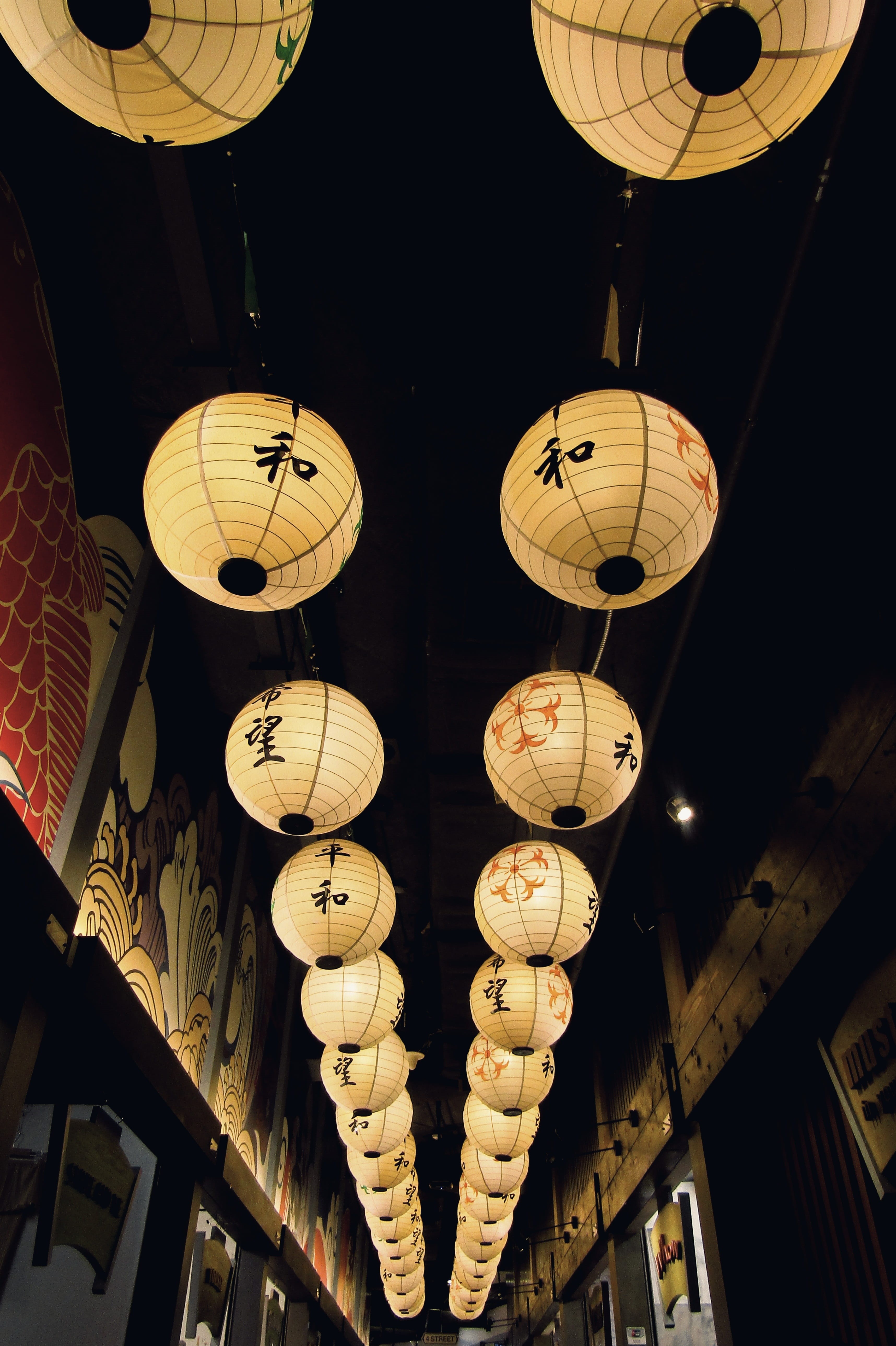 chinese lantern, lighting equipment, decoration, texts, ceiling, 5K, japan, traditional, low angle view, architecture, red, night, no people, kanji, clock, Phone HD Wallpaper