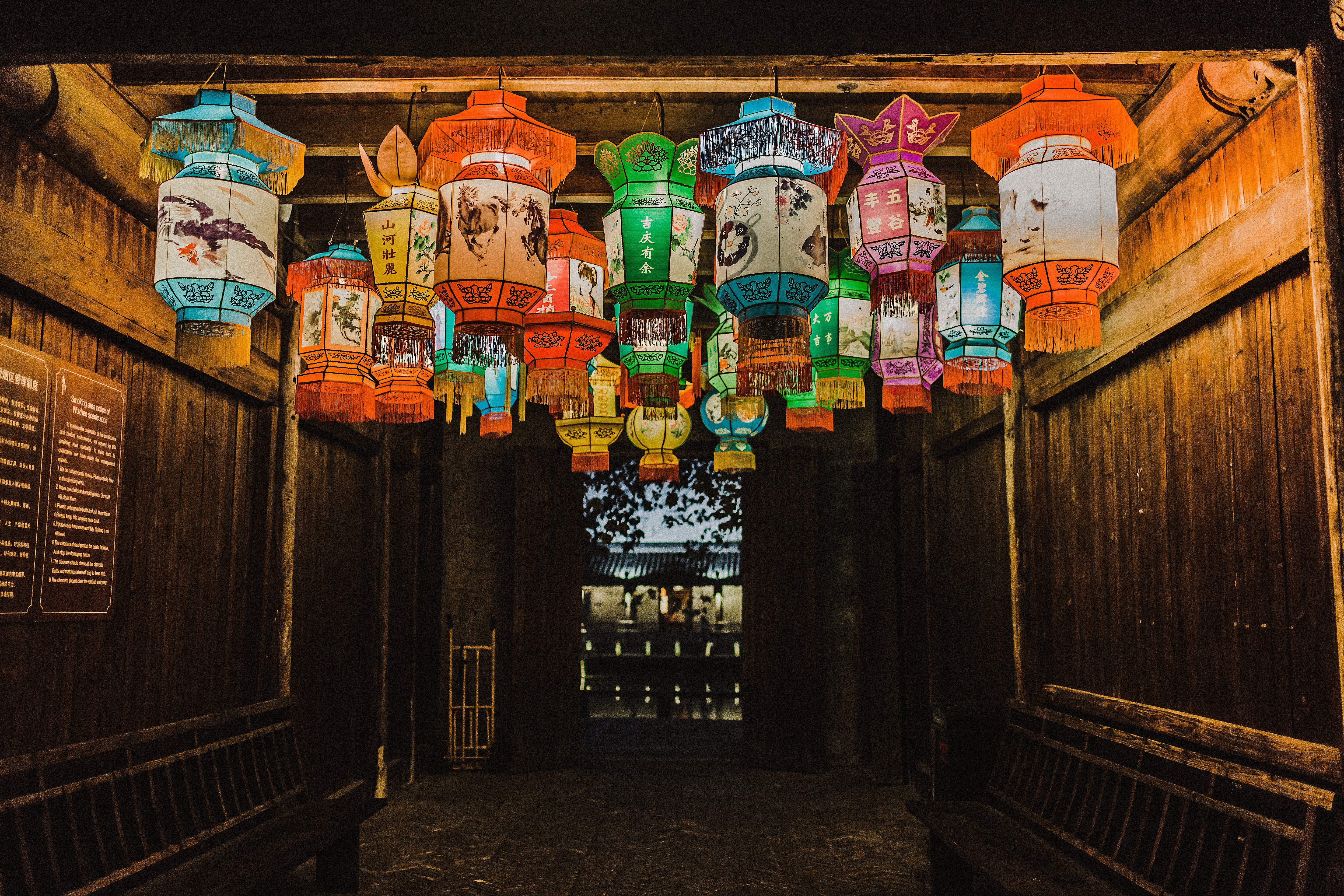 photo, indoors, belief, text, built structure, street, decoration, building, room, lighting, lighted, multi colored, chinese, warm, lanterns, hanging, chinatown, HD Wallpaper