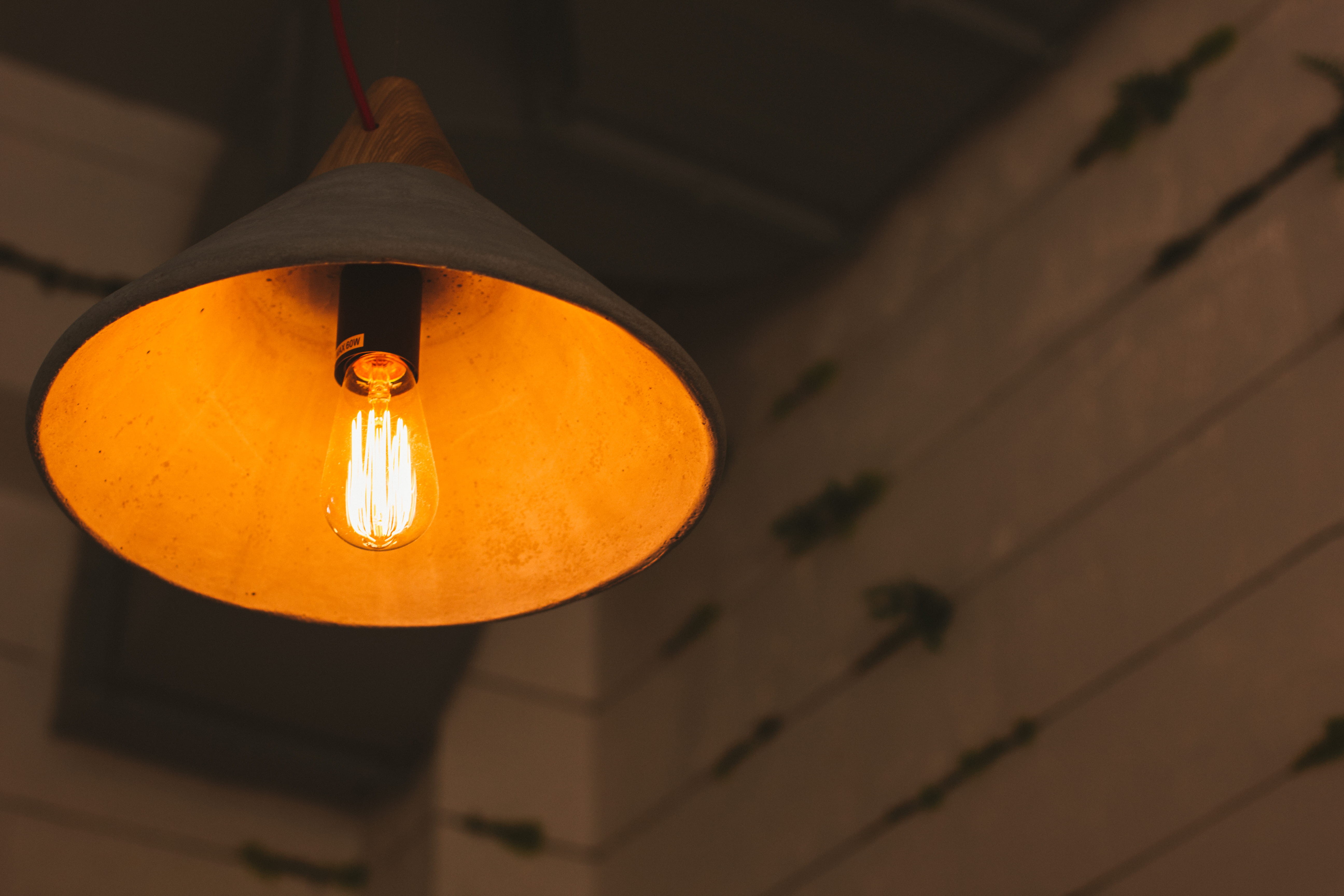 ceiling, art, pendant light, close-up, ceiling light, food, light bulb, focus on foreground, lampshade, orange color, wood - material, light, low angle view, HD Wallpaper