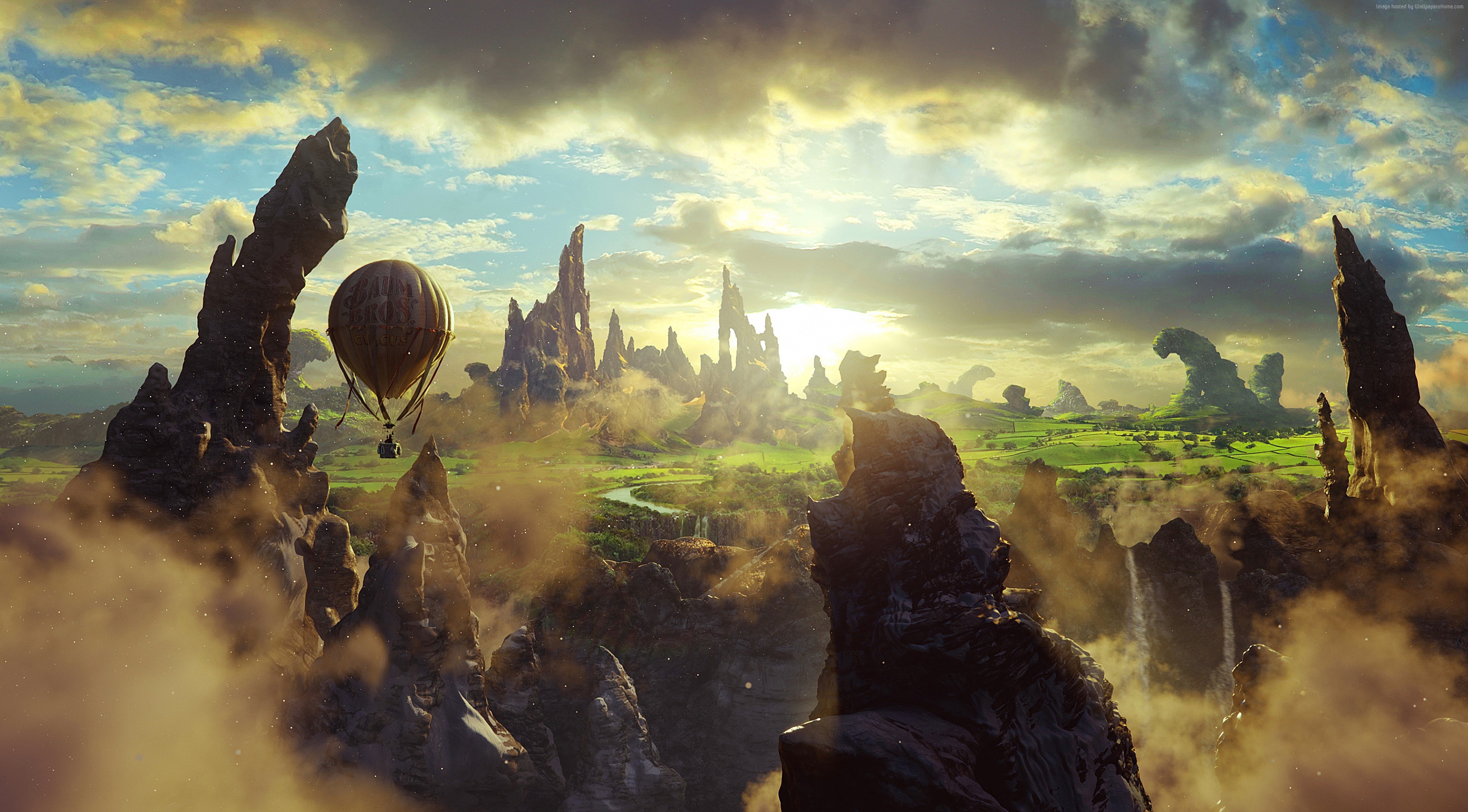 4k, Oz: the Great and Powerful, 4K, 5k, sky, fantasy, cliffs, baloon, HD Wallpaper