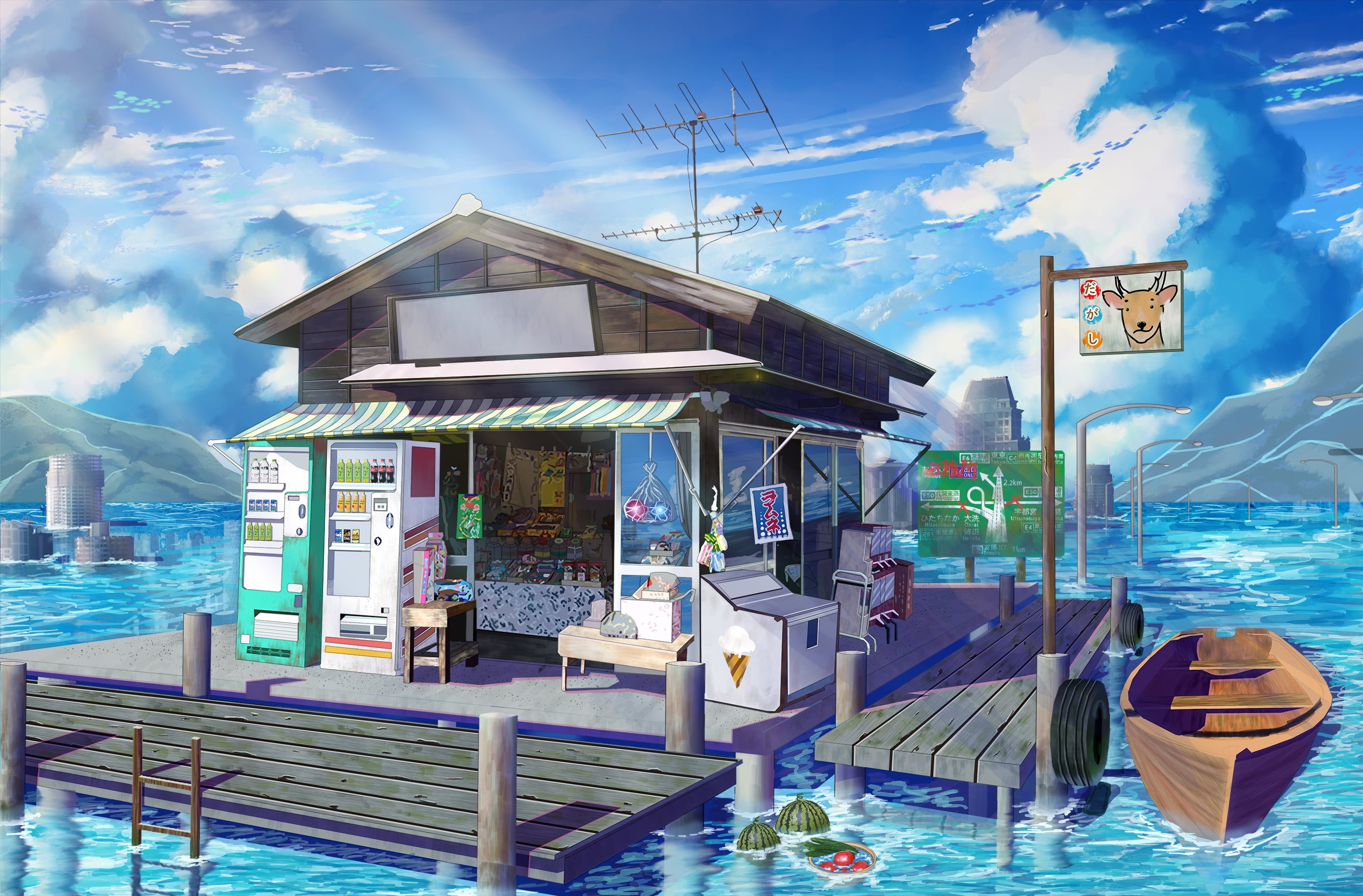 Anime, Boat, Original, Shop, 2K, Vending Machine, Sea, HD Wallpaper