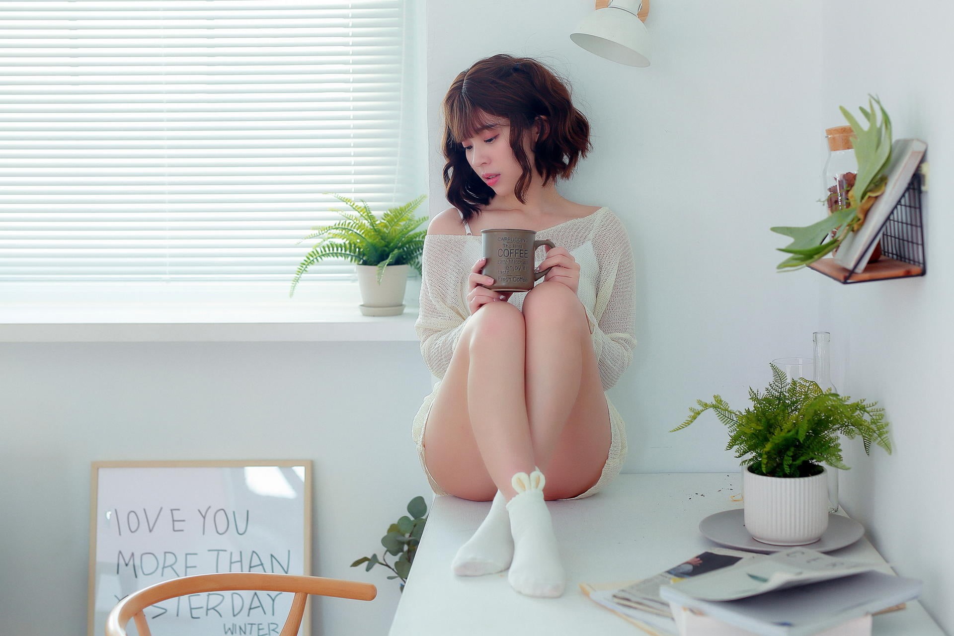 coffee cup, Asian, 1080P, women, pullover, plant pot, table, chair, signboard, leaning, window, model, white socks, books, sitting, plants, looking below, HD Wallpaper