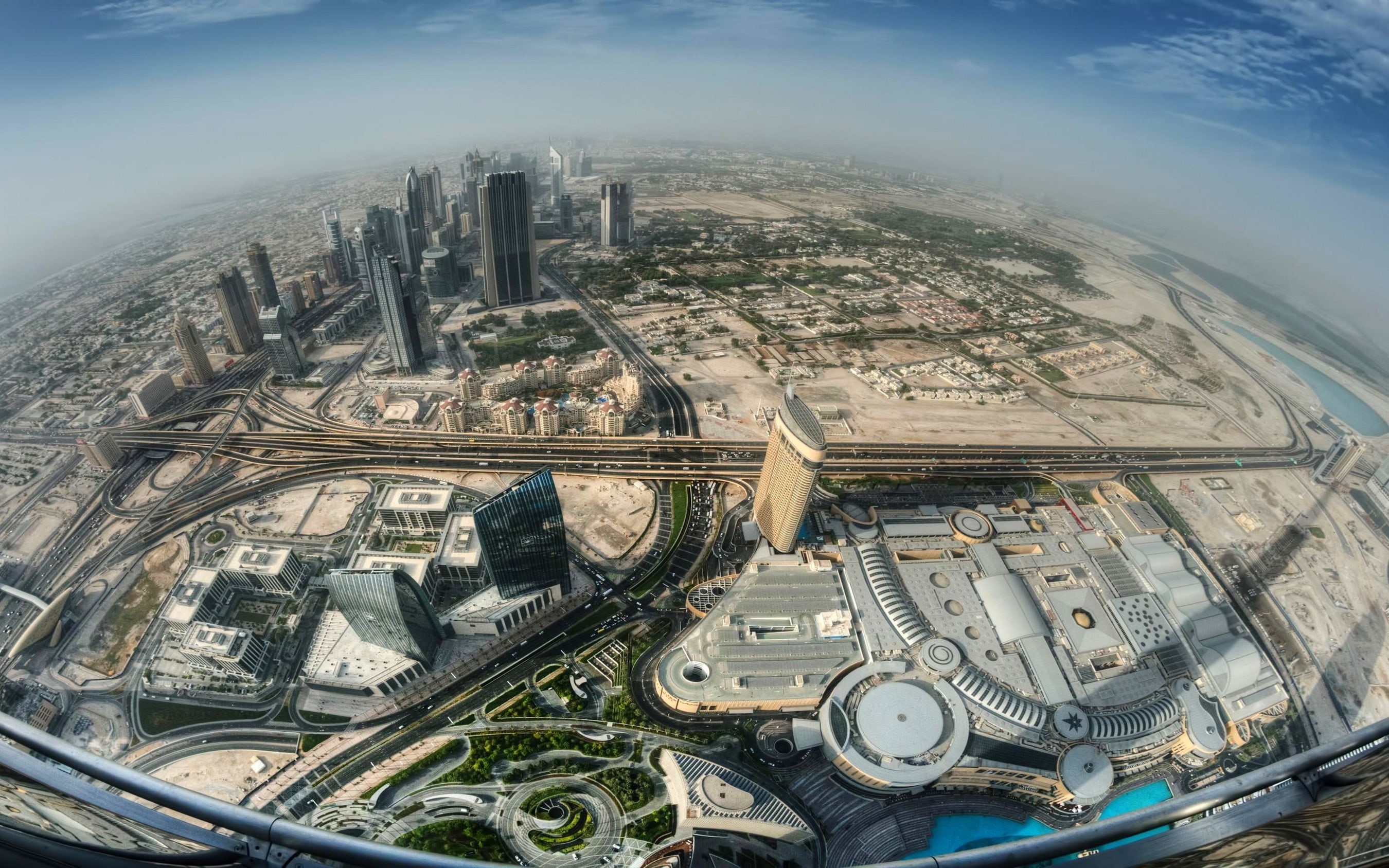 aerial, city, outdoors, financial district, Dubai, built structure, office building exterior, tall - high, travel, building exterior, landscape, mist, day, HD Wallpaper