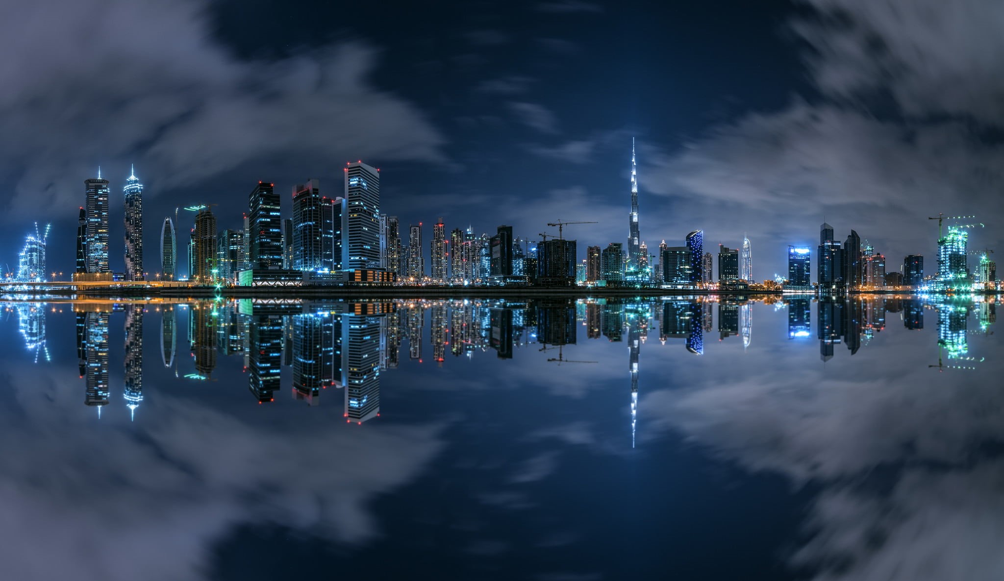 modern, waterfront, financial district, no people, 1080P, concrete, tall - high, skyscraper, illuminated, architecture, outdoors, cityscape, cloud - sky, HD Wallpaper